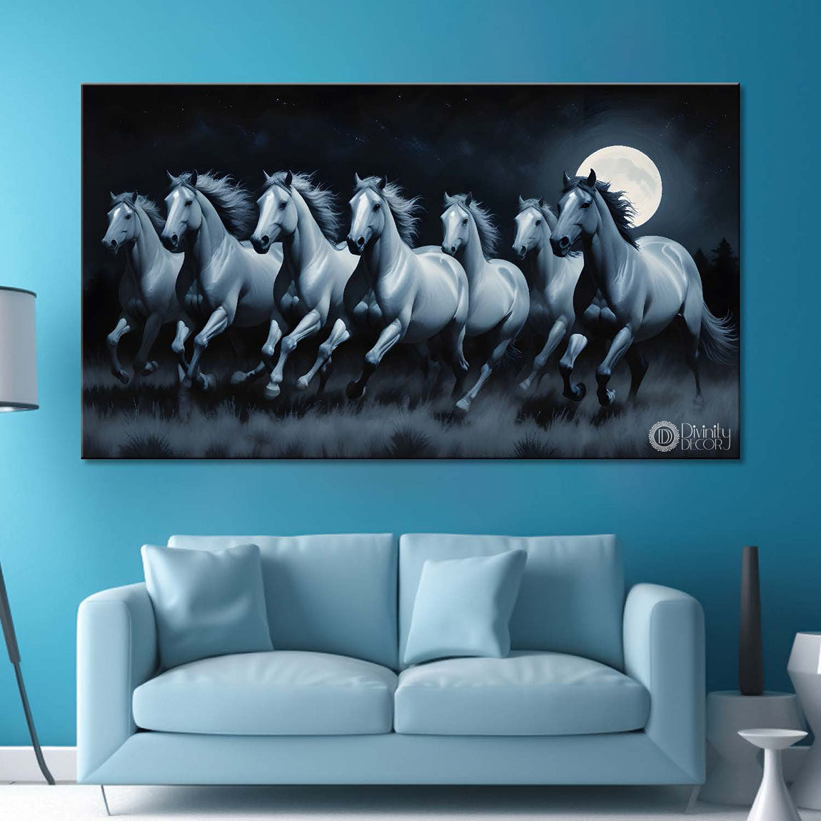 Grey running horses on the grass with moon and black textured background art Canvas Painting - Design - Horse-81