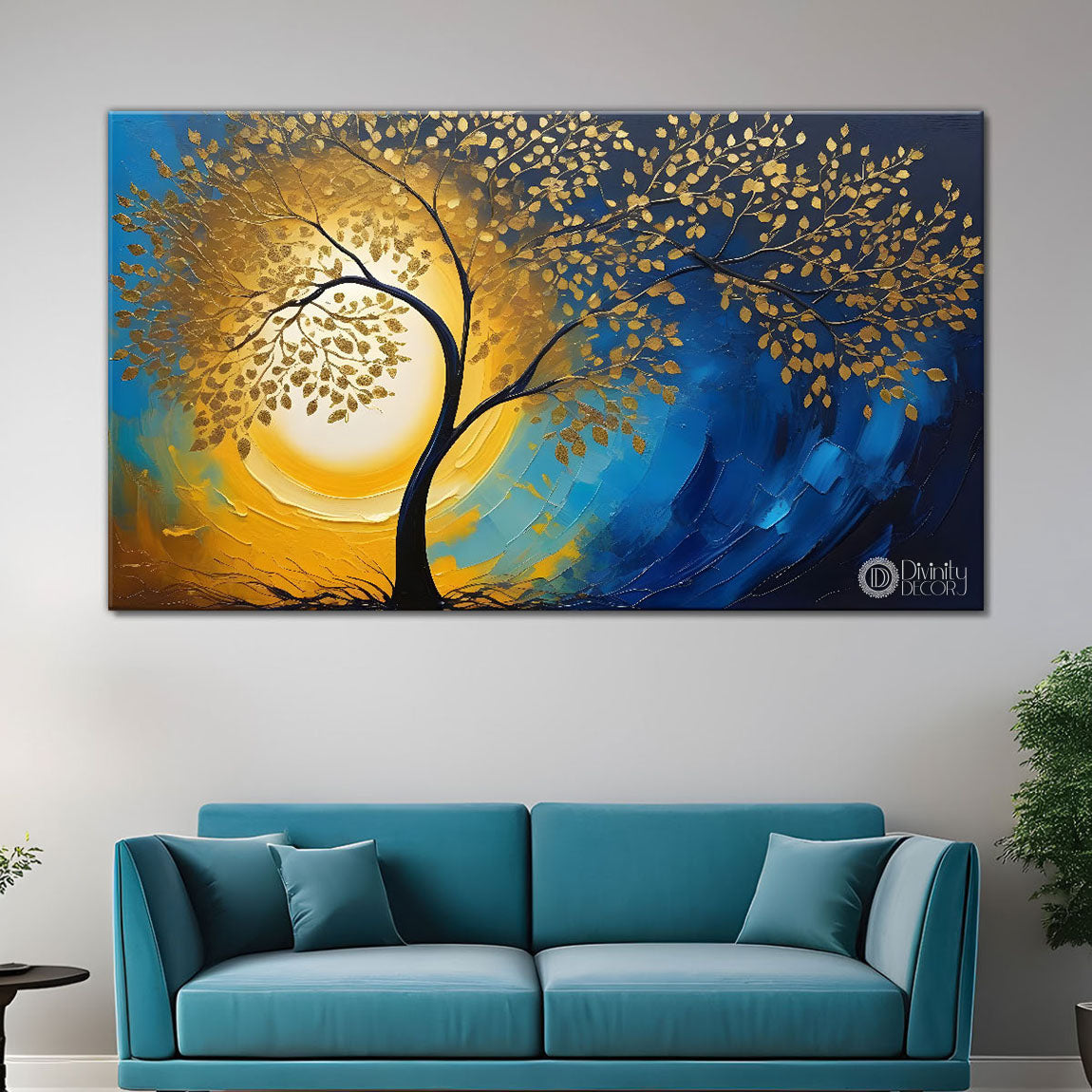 golden tree in dark blue textured background modern art Canvas Painting - Design - Tree-81