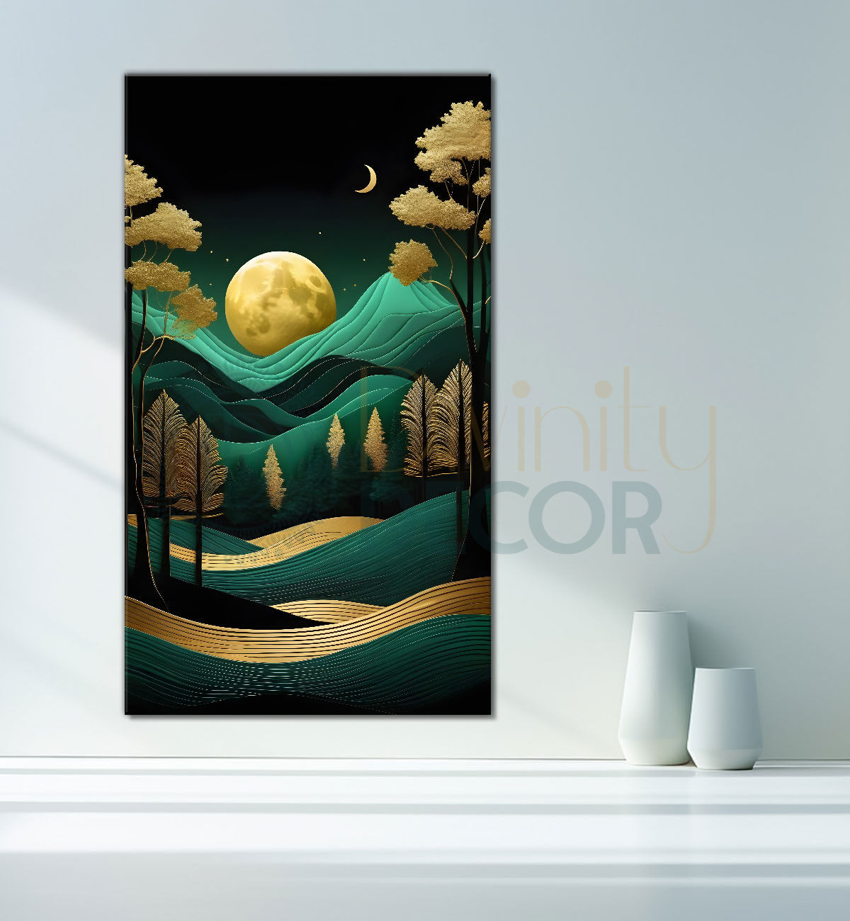 Green mountais  with golden moon and trees in textured painting Canvas Painting - Nature Art -V-81