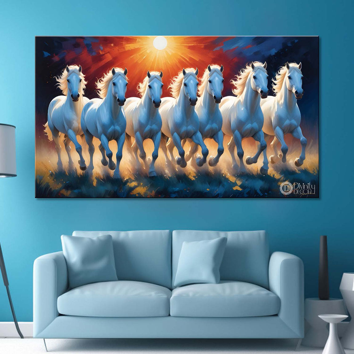 White running horses on the grass with sunset and blue textured background art Canvas Painting - Design - Horse-82