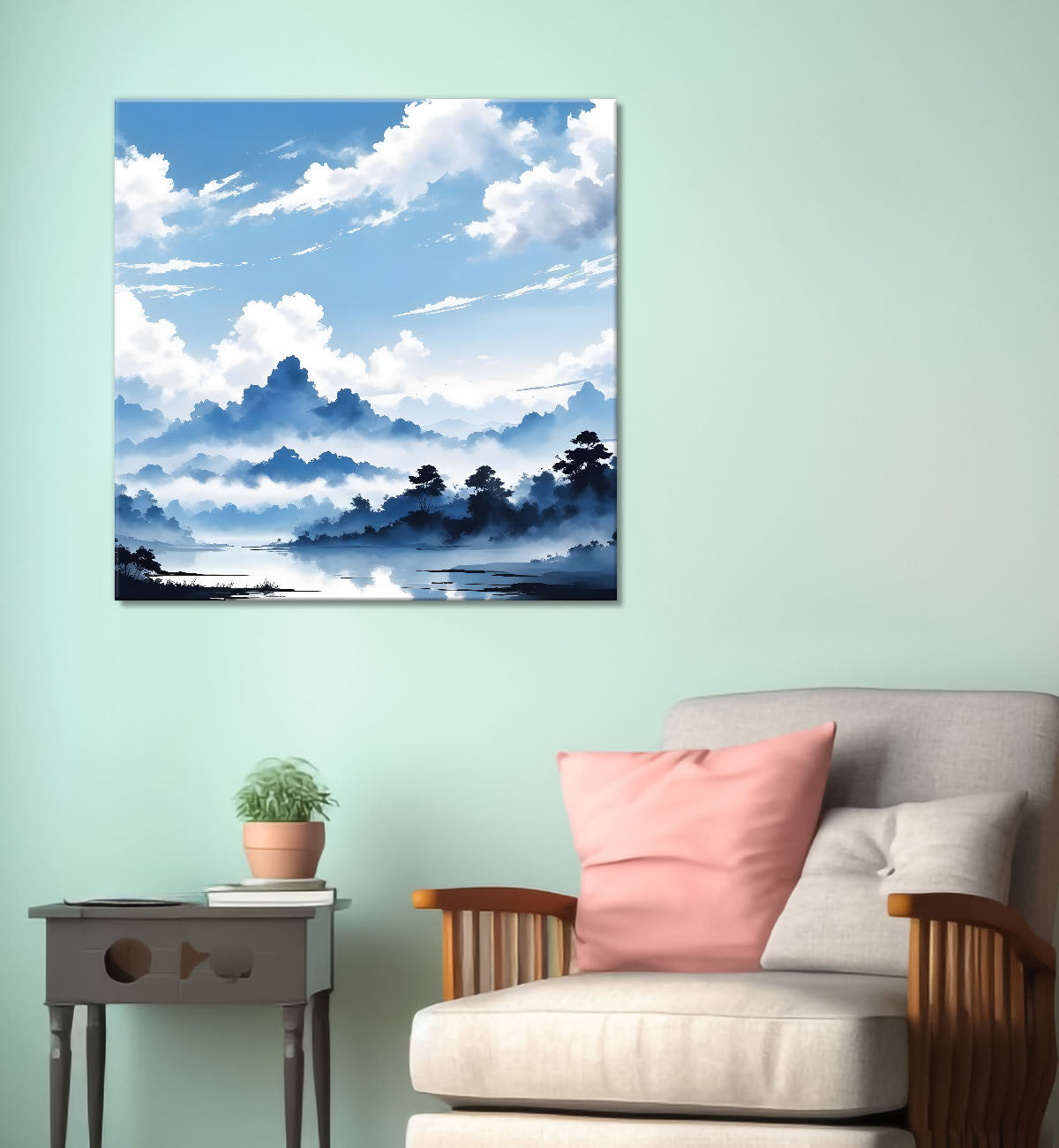 Mountains and the river with tree water colour painting 24X24- Nature Art -S-82