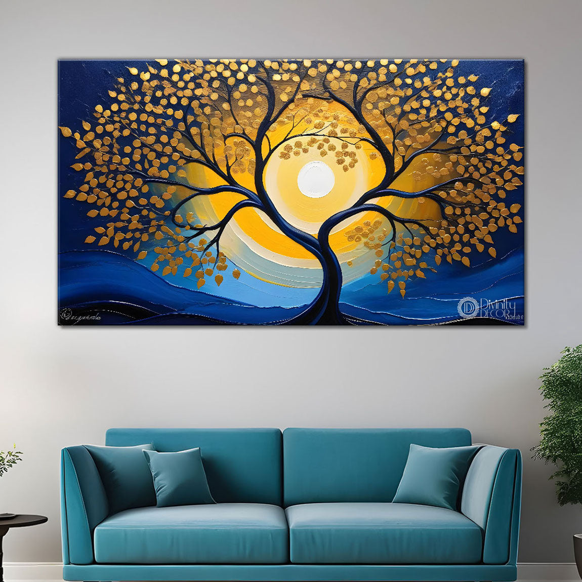 Golden tree in dark blue textured background modern art Canvas Painting - Design - Tree-82