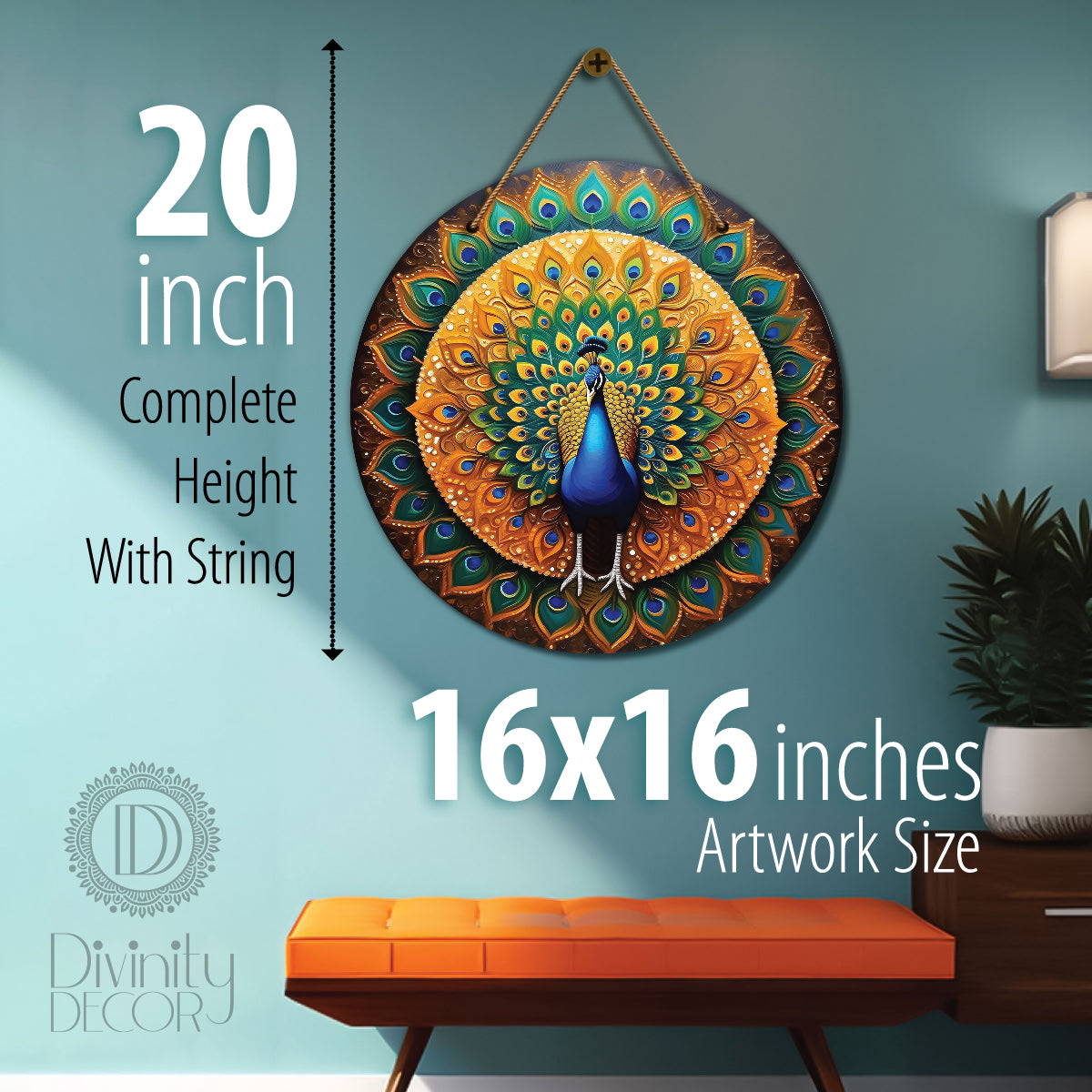 Peacock in yellow and green mandala Round Wooden Wall Hanging for wall Décor - Design - 82