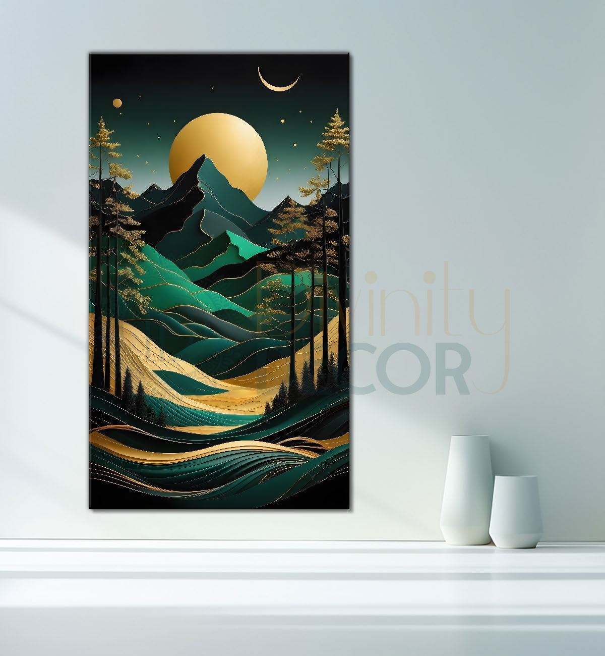 Green mountais with golden moon and trees in textured painting Canvas Painting - Nature Art -V-82