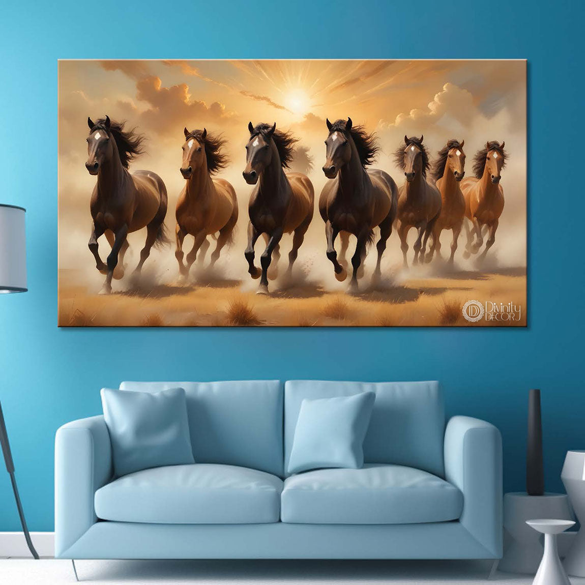 Brown running horses with cloudy and yellow textured background art Canvas Painting - Design - Horse-83