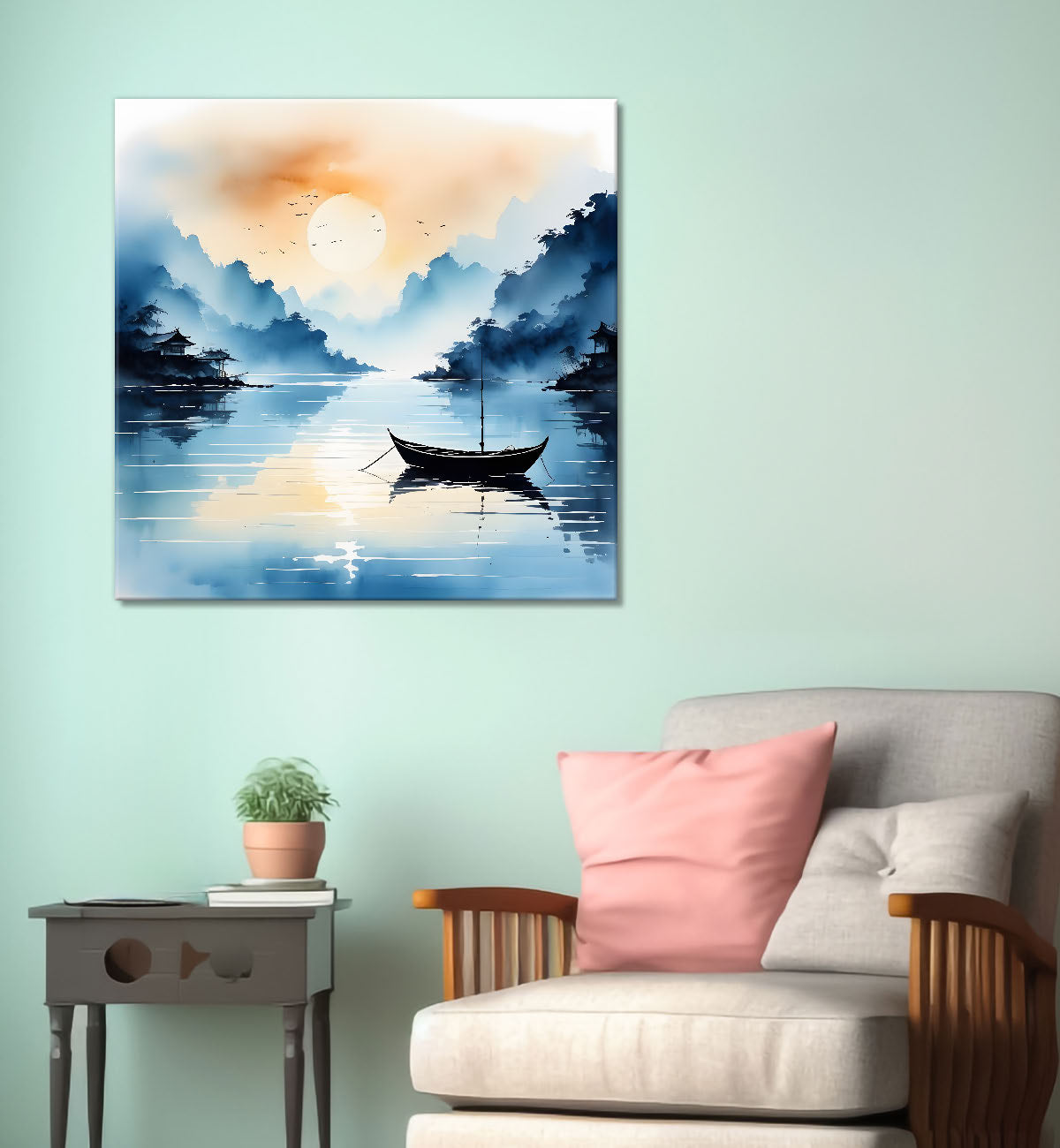 Mountains and the river with tree water colour painting 24X24- Nature Art -S-83