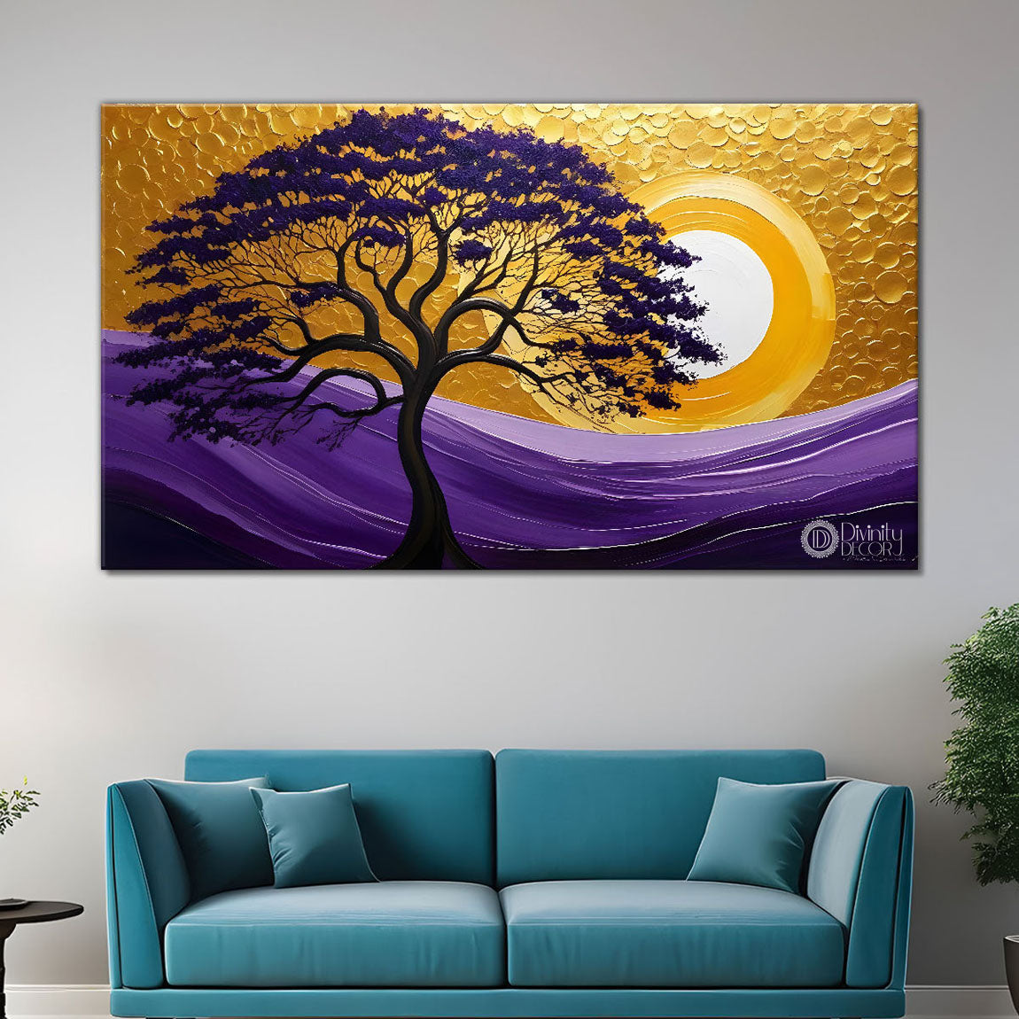 Purple tree in golden textured art Canvas Painting - Design - Tree-83