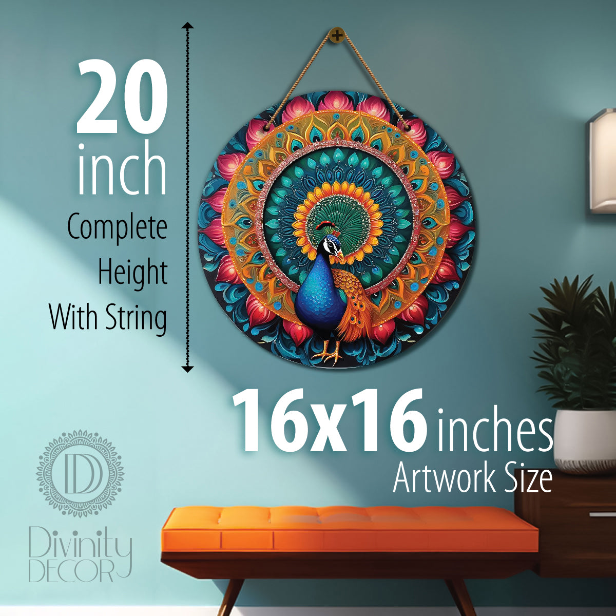 Peacock in blue and floral mandala Round Wooden Wall Hanging for wall Décor - Design - 83