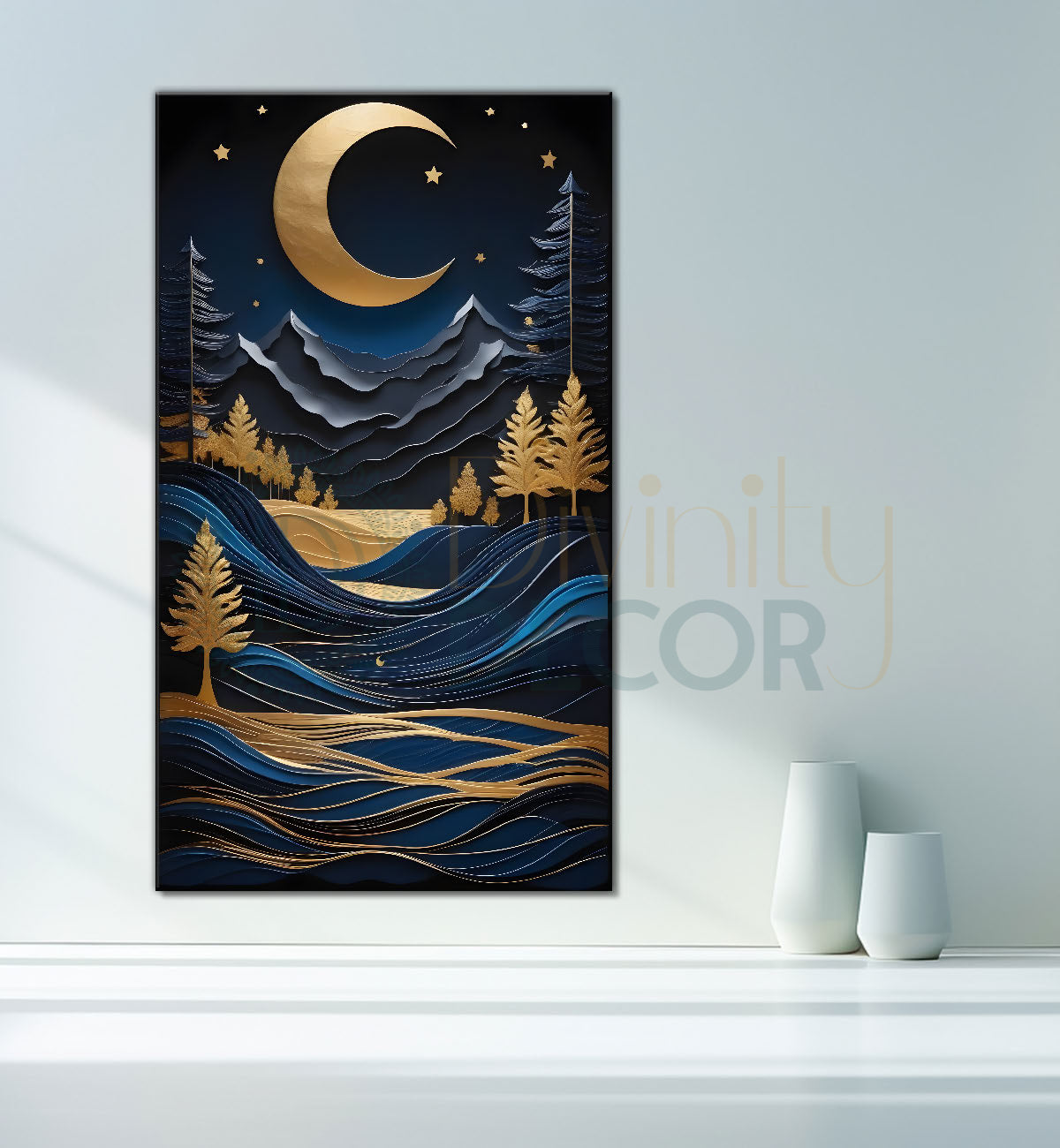 Blue mountais with golden moon, trees and river textured painting Canvas Painting - Nature Art -V-83