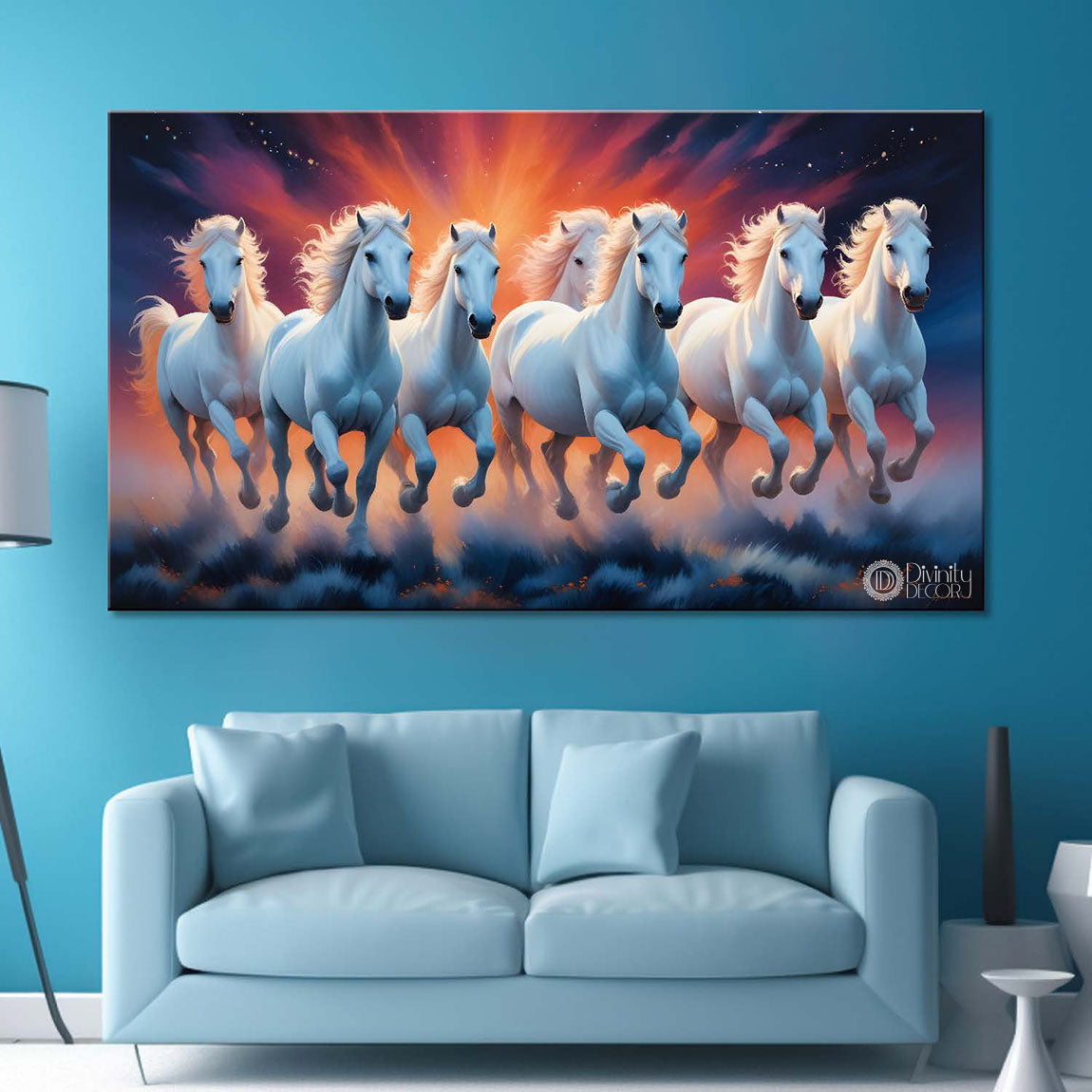 White running horses on the grass with orange and blue textured background art Canvas Painting - Design - Horse-84