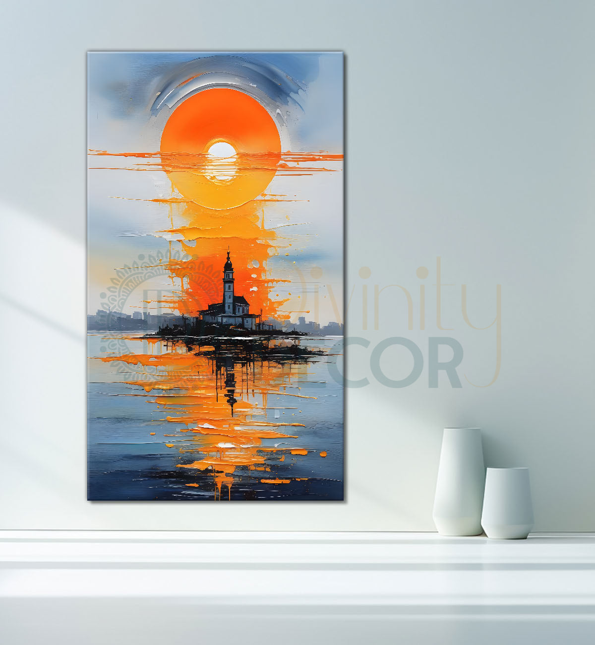 Sunrise with house on lake textured art Canvas Painting - Nature Art -V-84