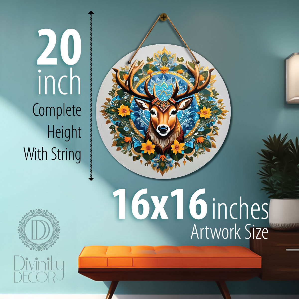 Deer in floral mandala Round Wooden Wall Hanging for wall Décor - Design - 84