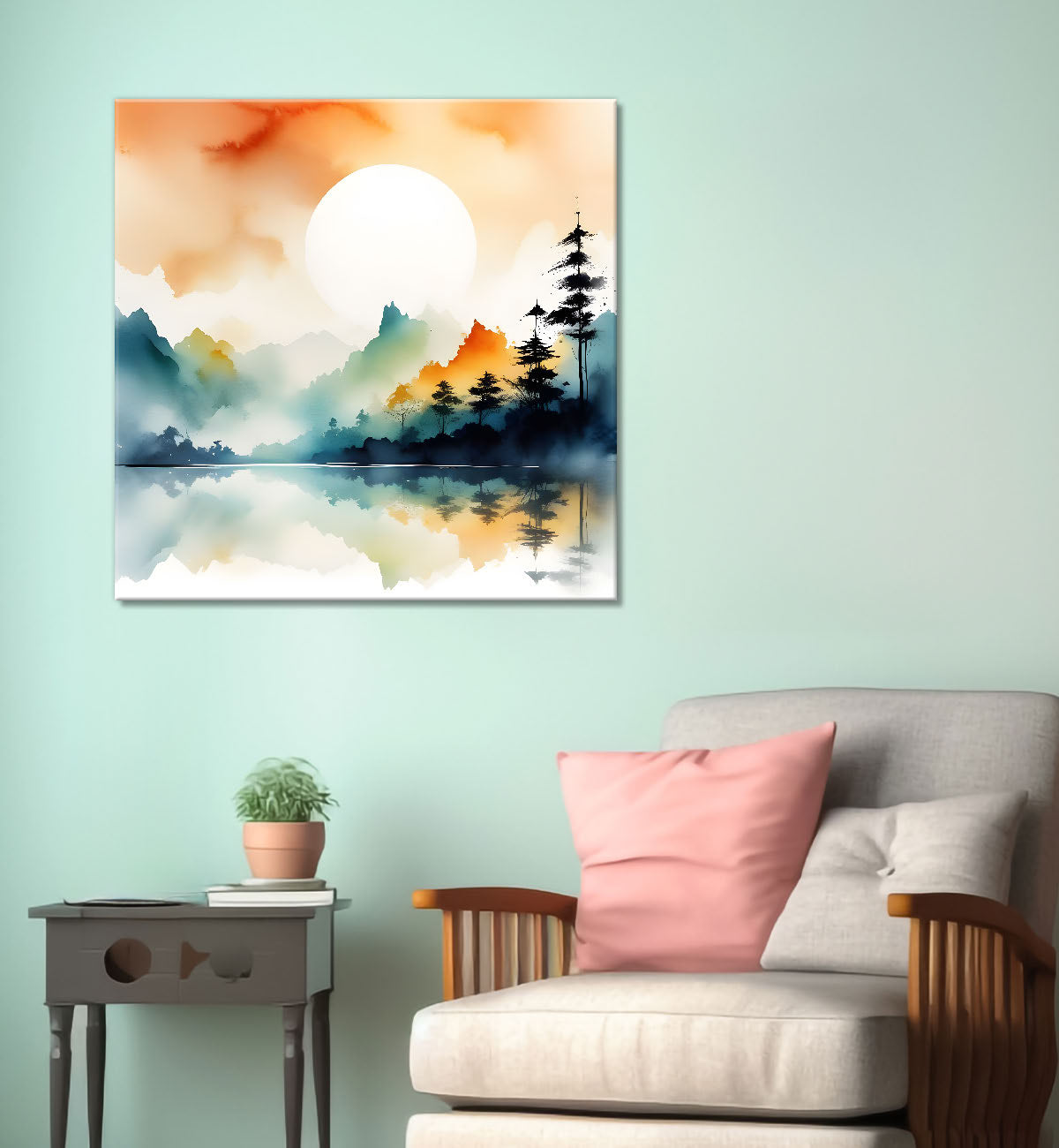 Mountains with sun and trees water colour painting 24X24 - Nature Art -S-84