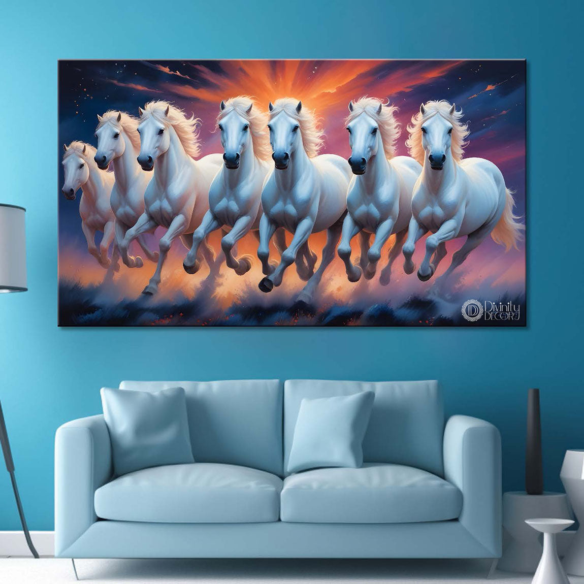 White running horses on the grass with orange and blue textured background art Canvas Painting - Design - Horse-85