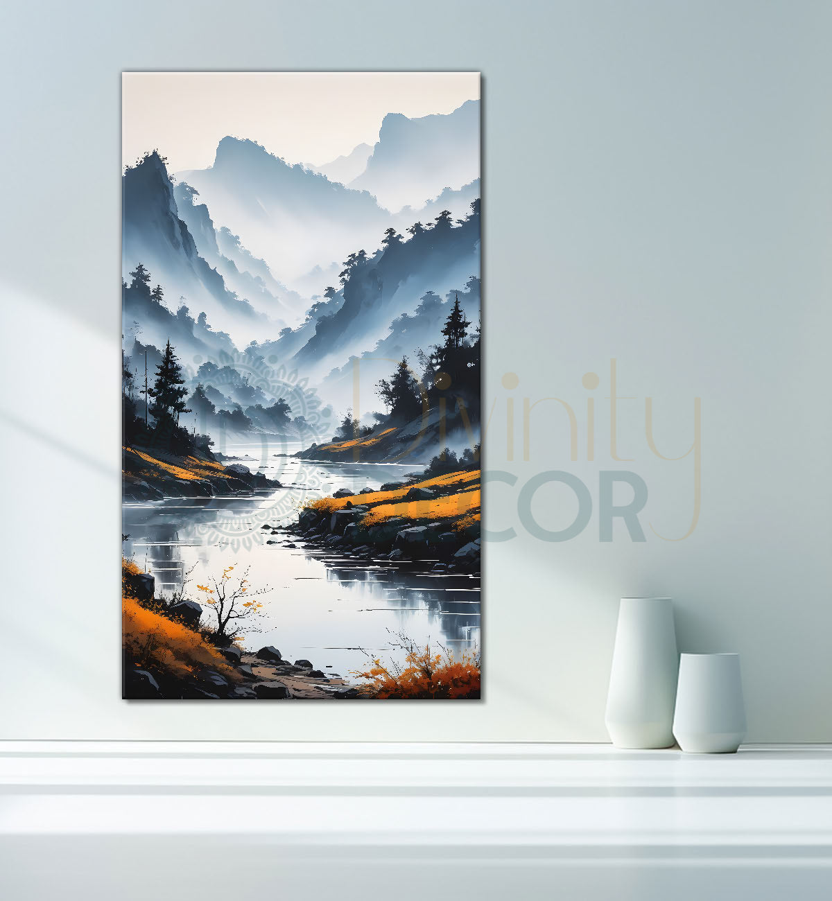 Mountains with lake  and clouds textured oil painting Canvas Painting - Nature Art -V-85