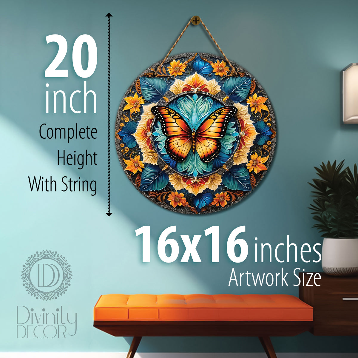 Yellow Butterfly in floral and blue mandala Round Wooden Wall Hanging for wall Décor - Design - 85