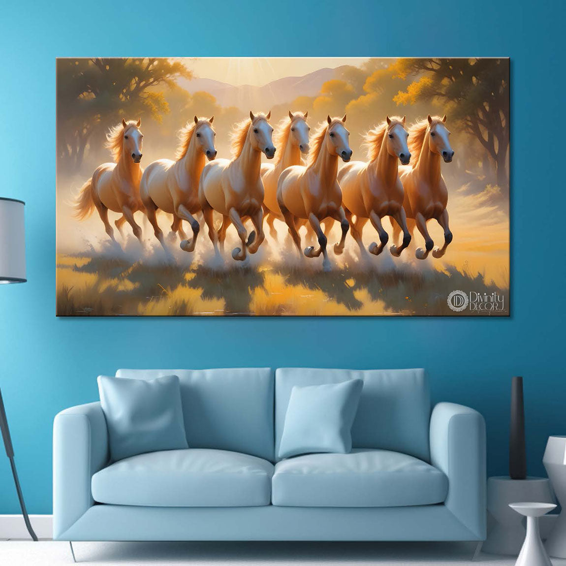 Brown horses on the grass with trees and yellow textured background art Canvas Painting - Design - Horse-86