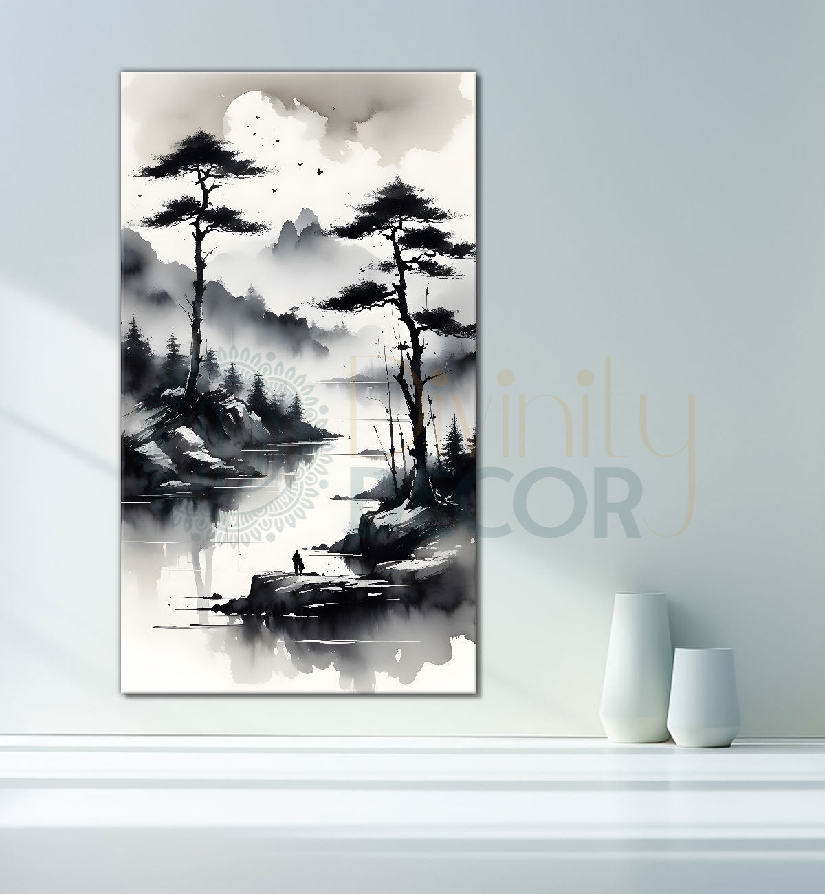 Mountais with lake and trees in blck and white texutred painting Canvas Painting - Nature Art -V-86