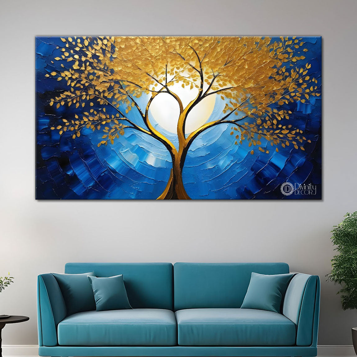 Golden tree in dark blue textured background modern art Canvas Painting - Design - Tree-86