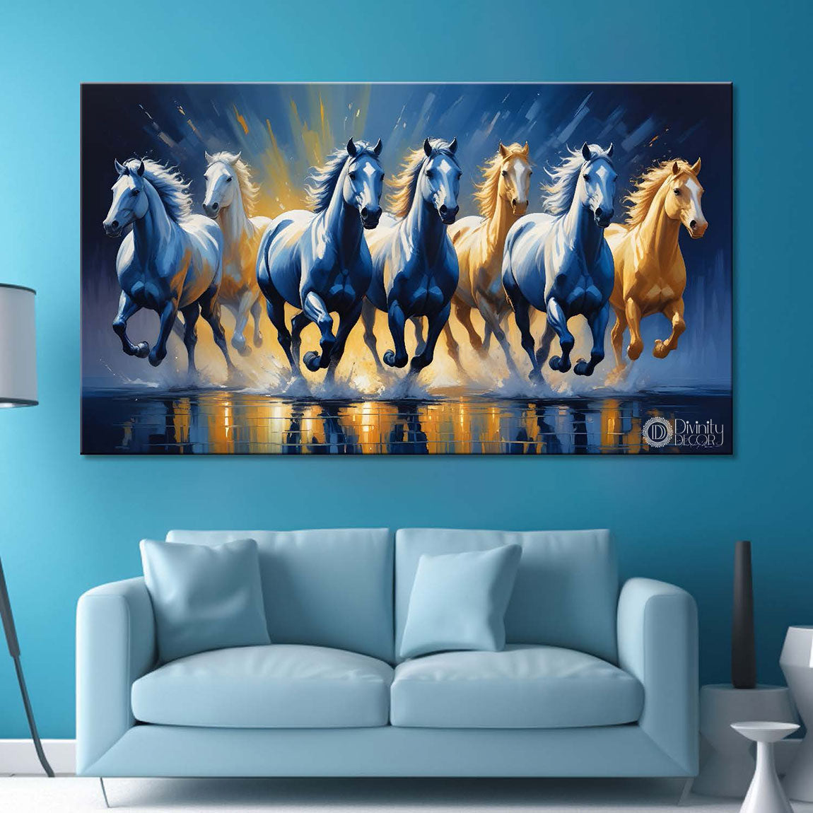 Brown and blue running horses on the water in dark blue textured background art Canvas Painting - Design - Horse-87