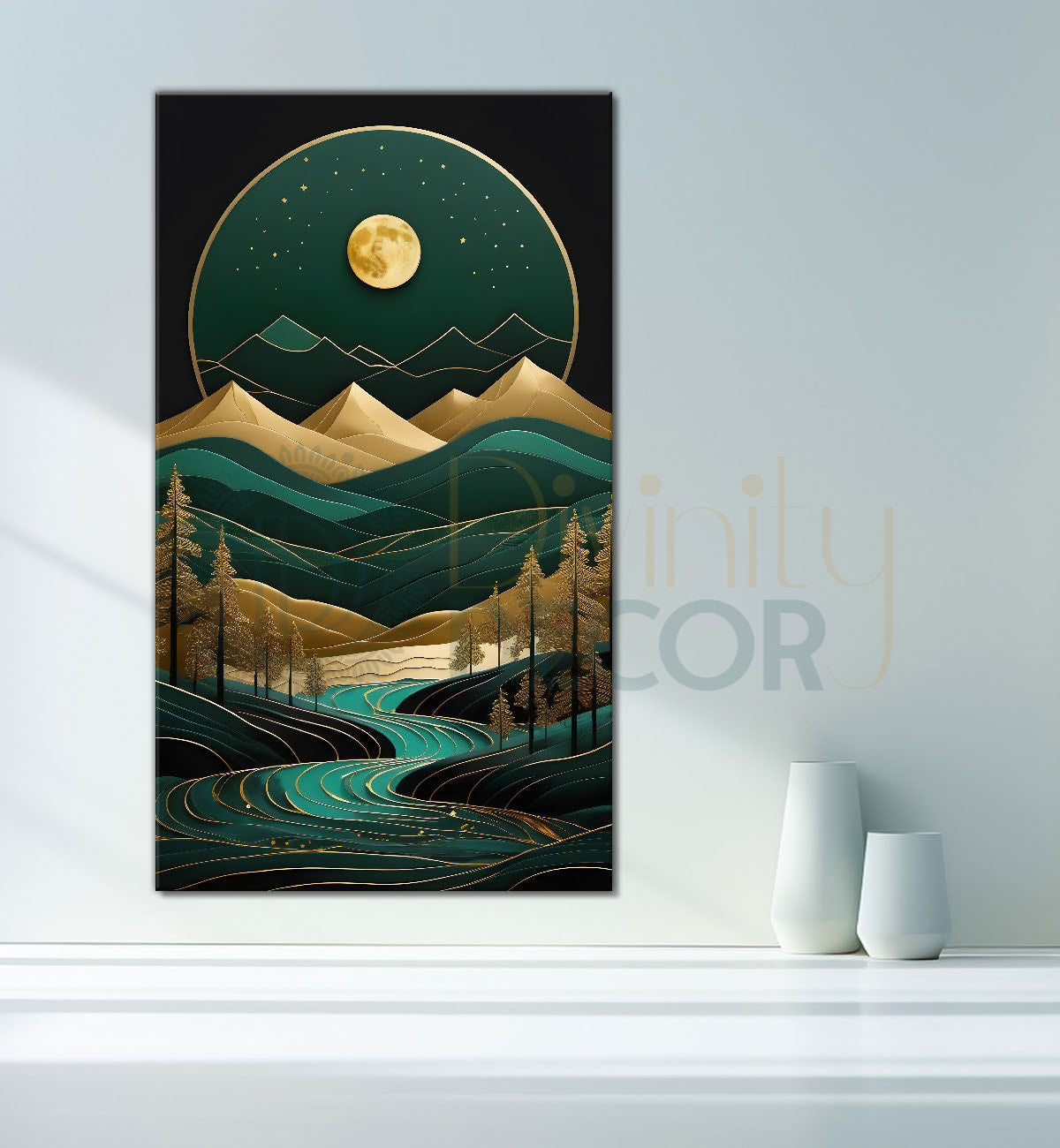 Green mountais with golden moon and trees in textured painting Canvas Painting - Nature Art -V-87