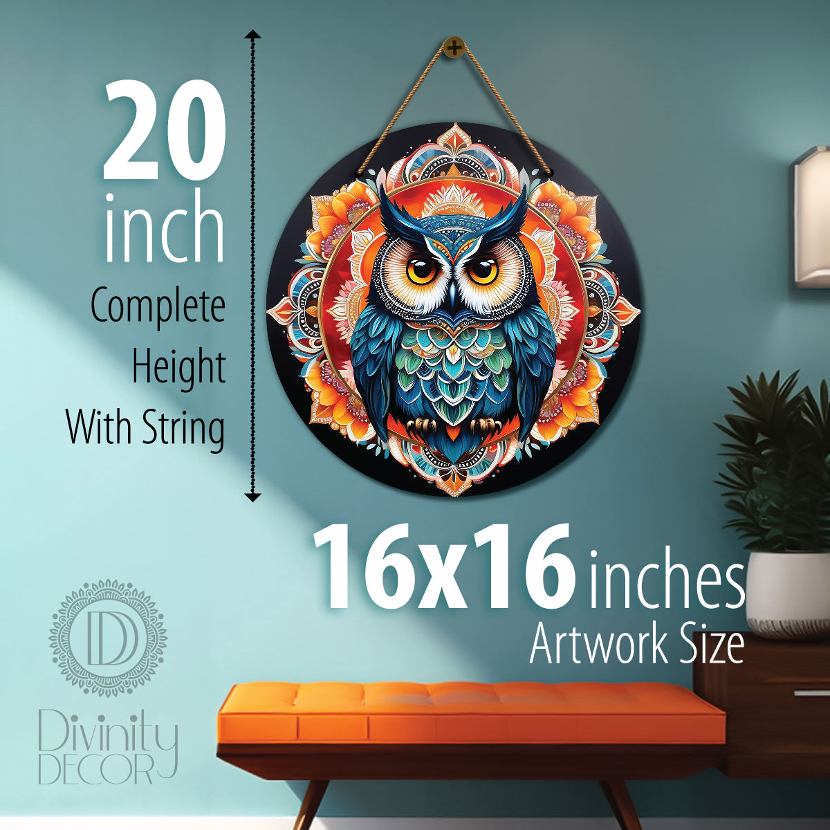 Owl in red and black mandala Round Wooden Wall Hanging for wall Décor - Design - 87