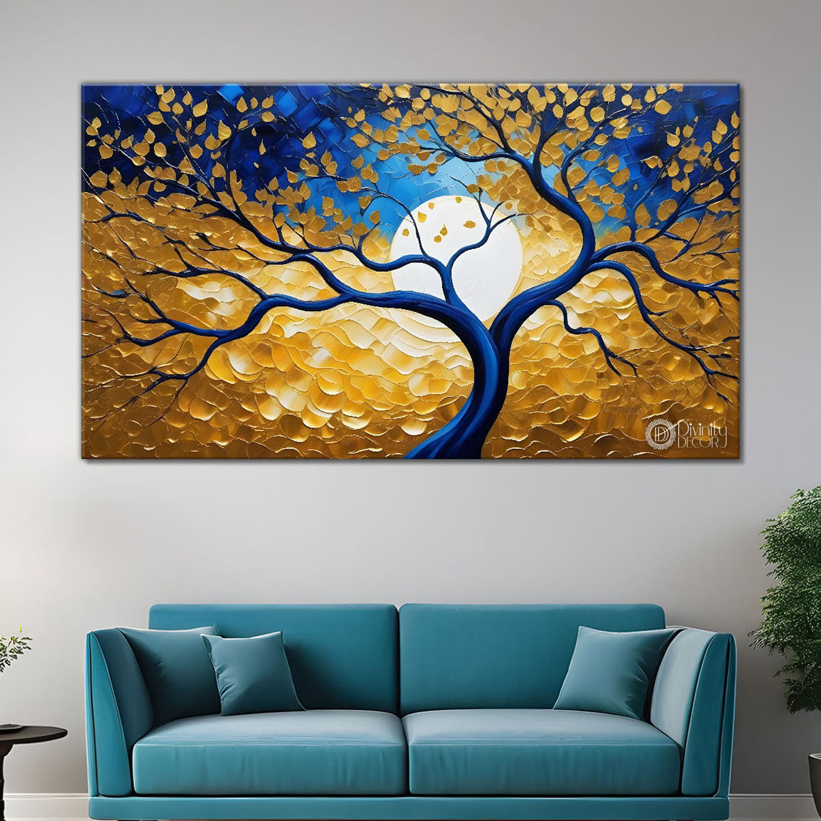Golden tree in dark blue textured background modern art Canvas Painting - Design - Tree-87