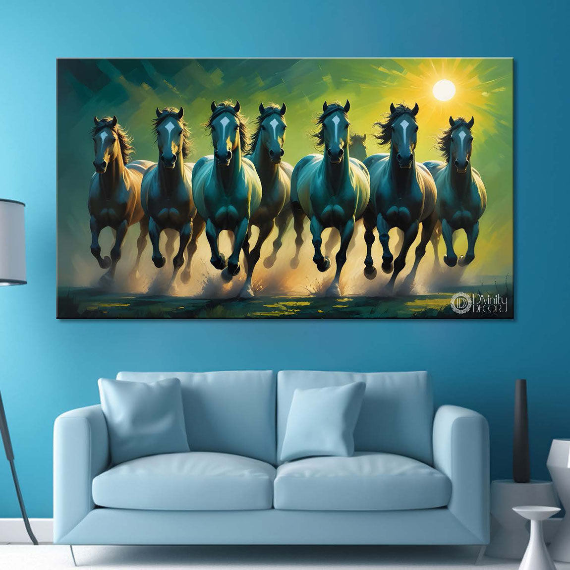 Dark green running horses with sun and green textured background art Canvas Painting - Design - Horse-88