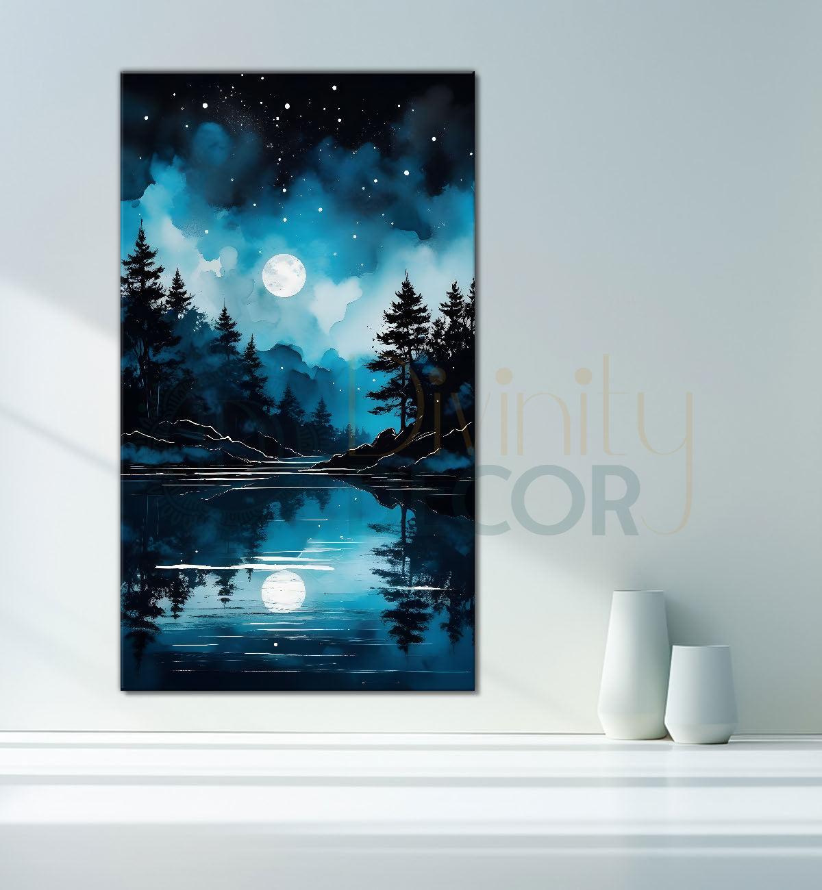 Blue sky with moon and mountains with river and trees in dark textured painting Canvas Painting - Nature Art -V-88