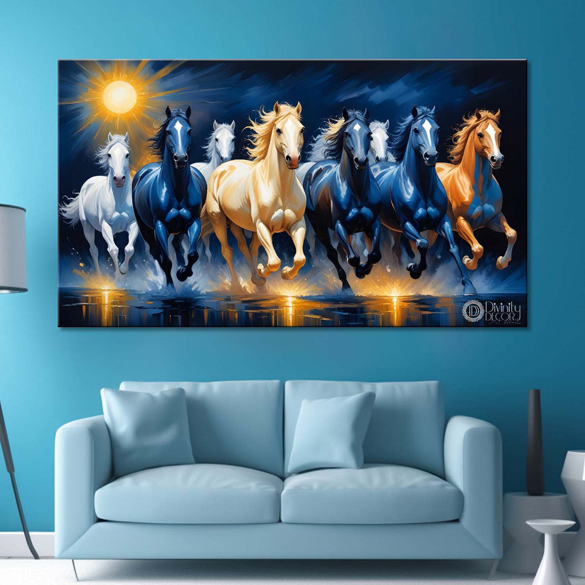 Brown, blue and white running horses on the water with sun and dark blue textured background art Canvas Painting - Design - Horse-89