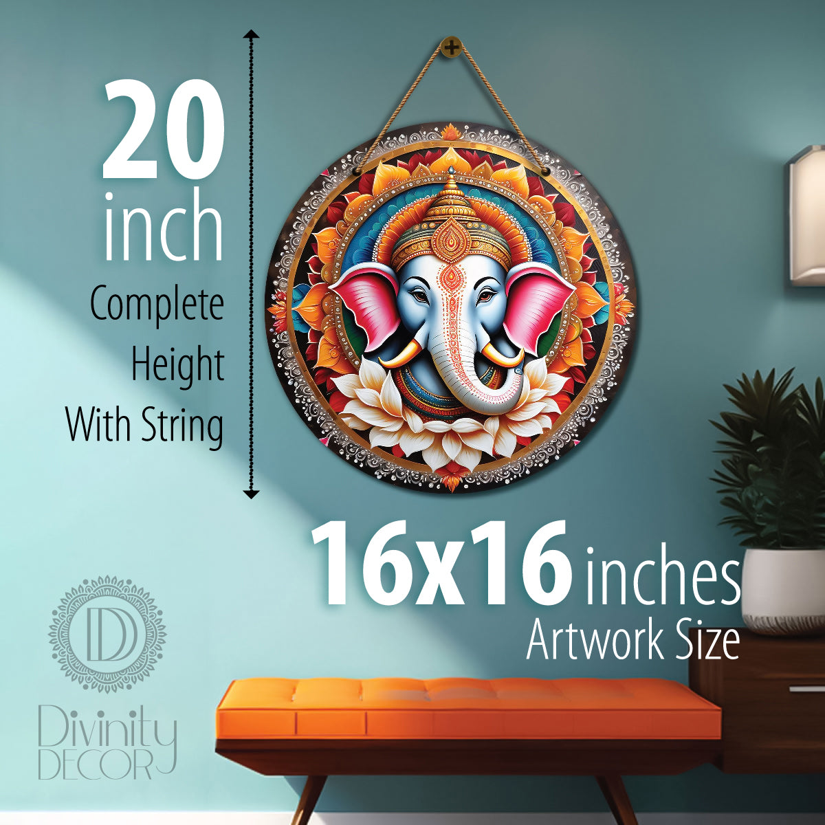 Ganesh Ji in blue and golden mandala Round Wooden Wall Hanging for wall Décor - Design - 89
