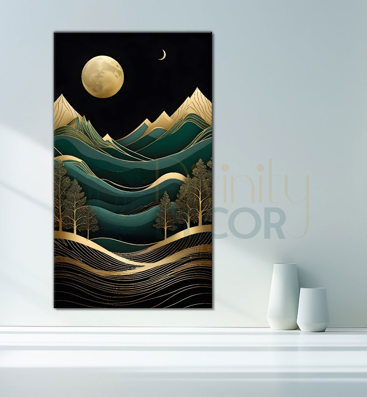 Green mountais with golden moon and trees in textured painting Canvas Painting - Nature Art -V-89