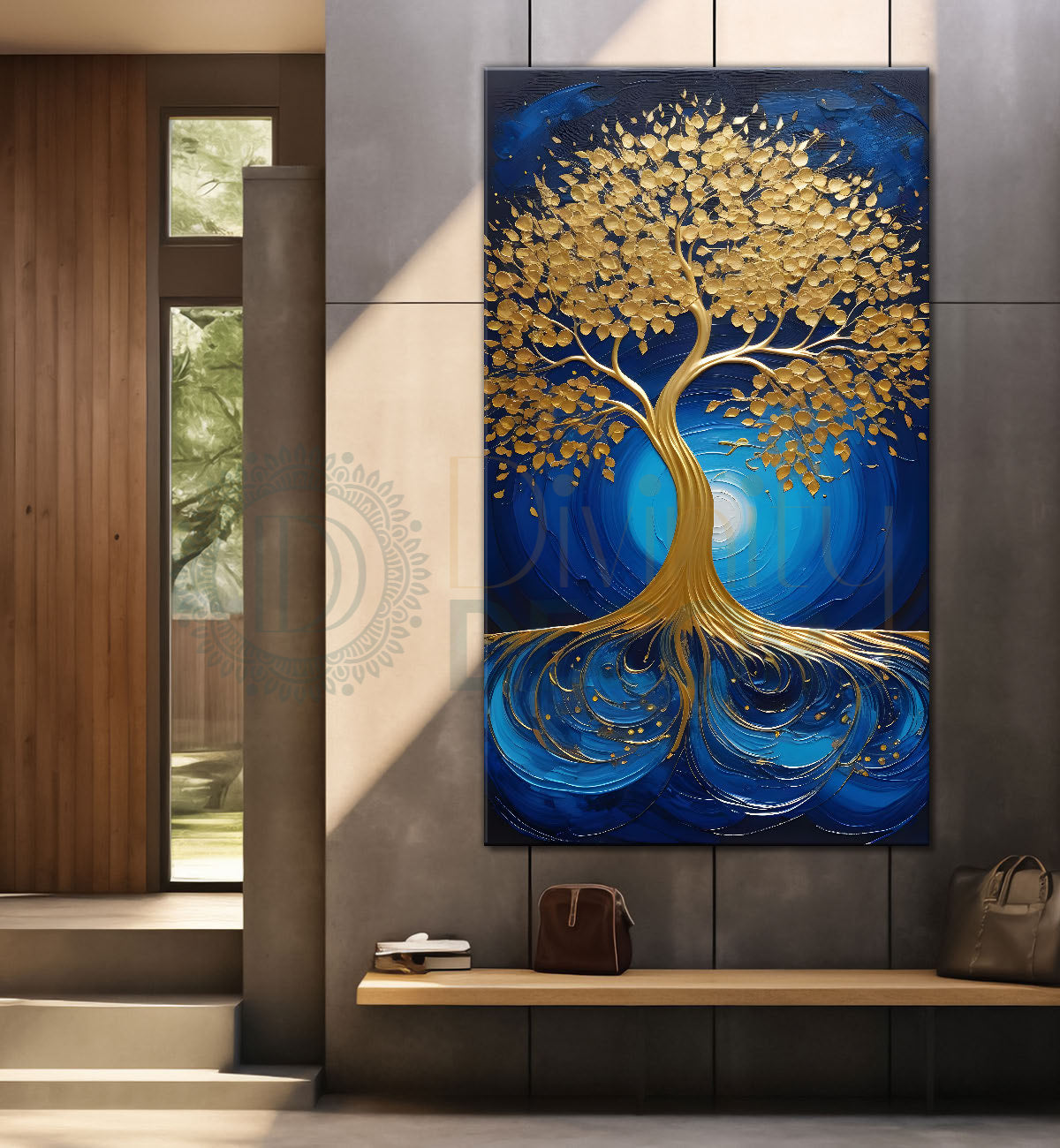 Golden tree in blue texutred background modern art Canvas painting - Tree-V-8