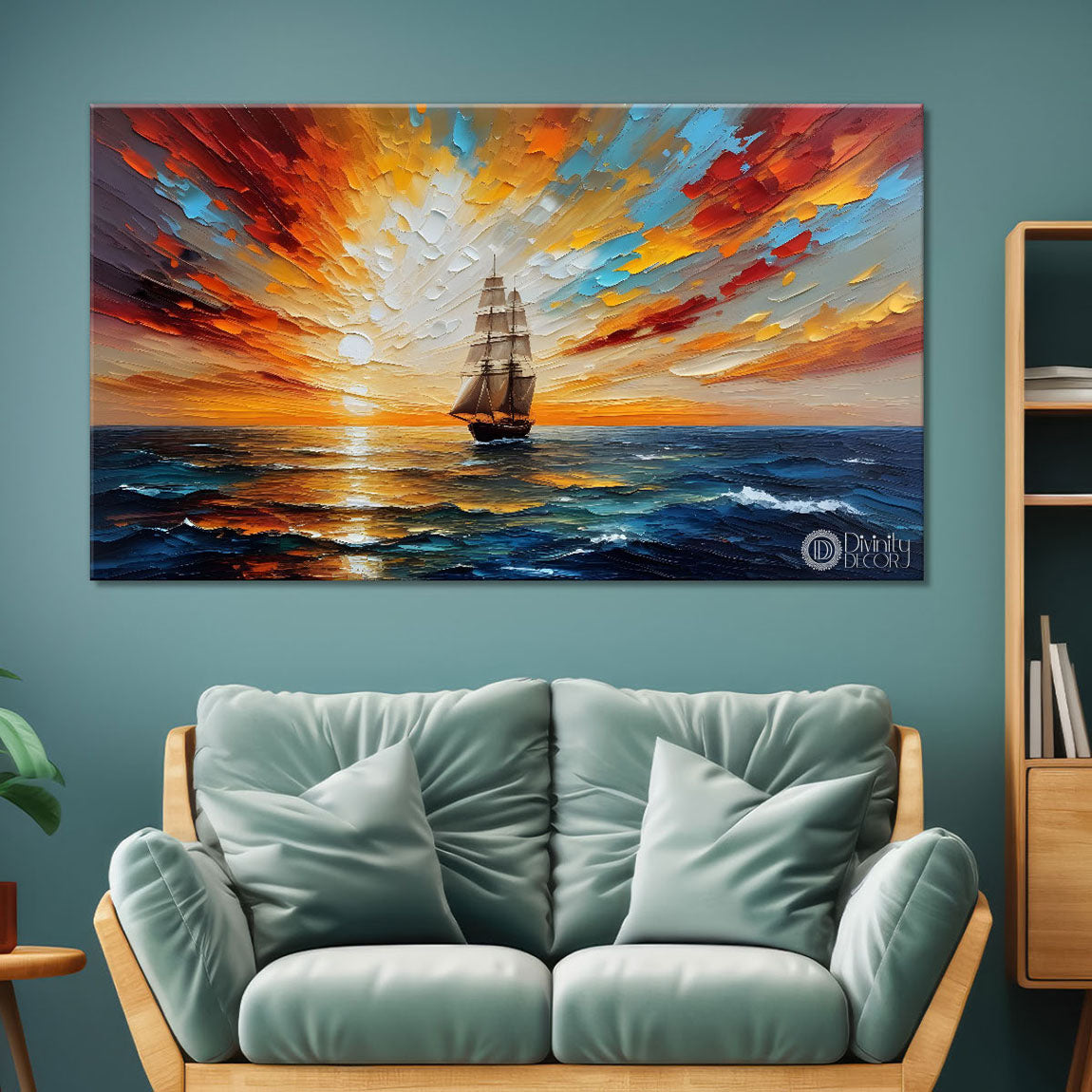 Ship with sunrise background in textured modern art canvas painting - Design - River-9