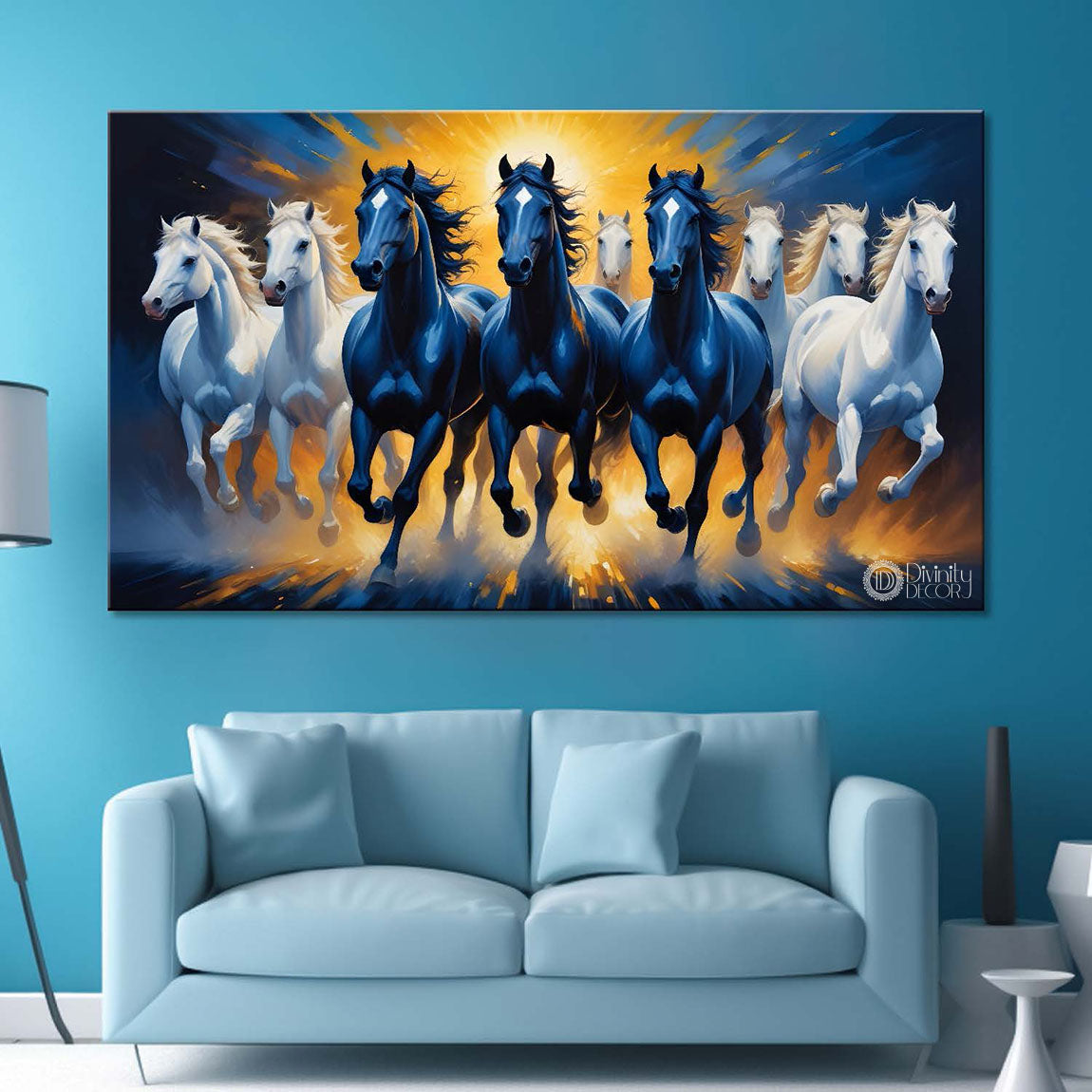 Blue and white running horses on the water with sun and dark blue textured background art Canvas Painting - Design - Horse-90
