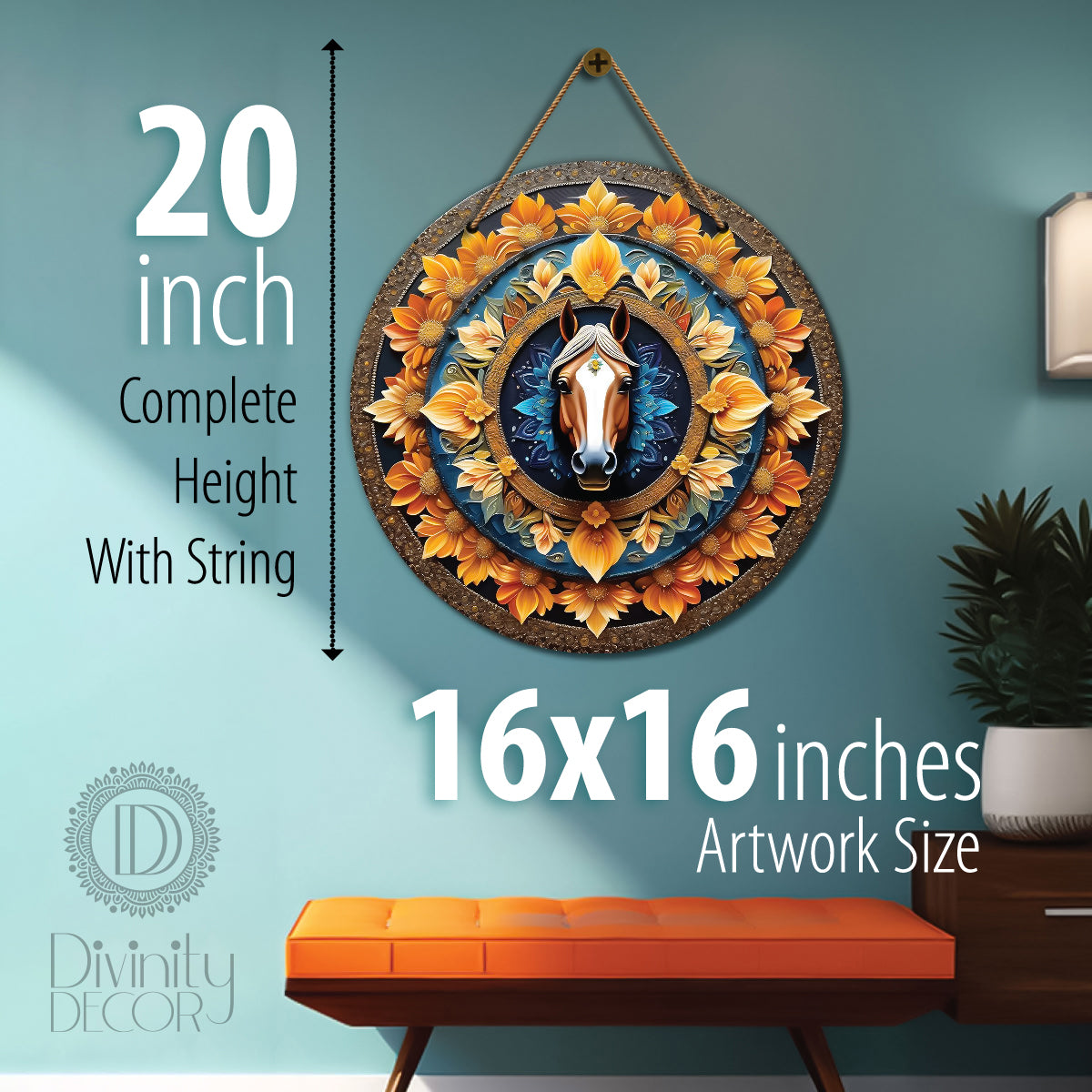 Horse in floral and blue mandala Round Wooden Wall Hanging for wall Décor - Design - 90
