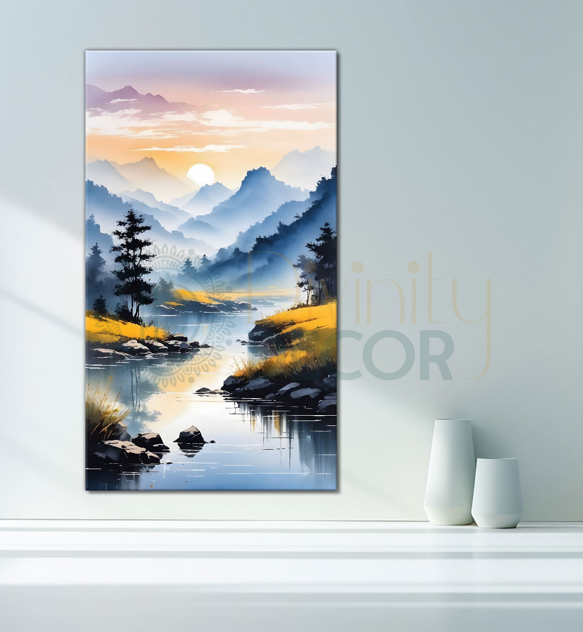 Mountains with lake and grreenery in textured painting Canvas Painting - Nature Art -V-90