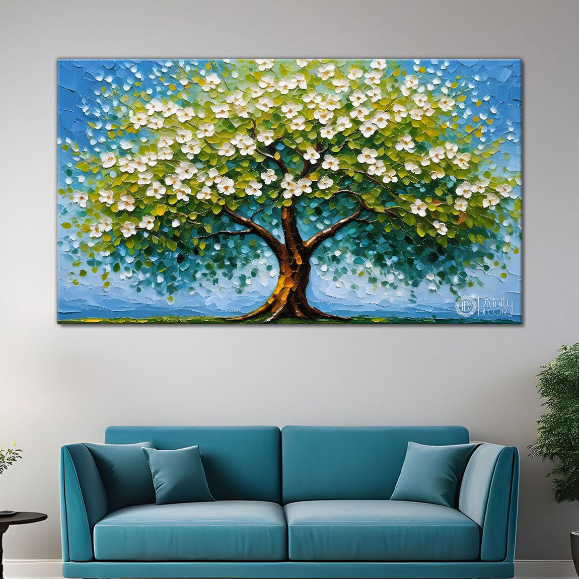 White flower tree in textured background oil painting Canvas Painting - Design - Tree-90