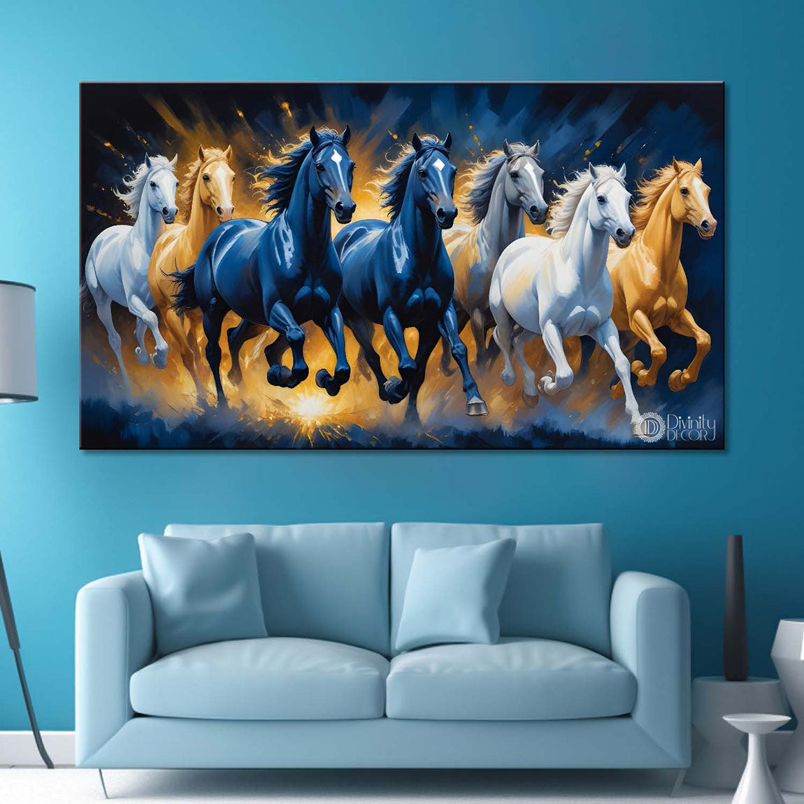 Brown, blue and white running horses in yellow and dark blue textured background art Canvas Painting - Design - Horse-91