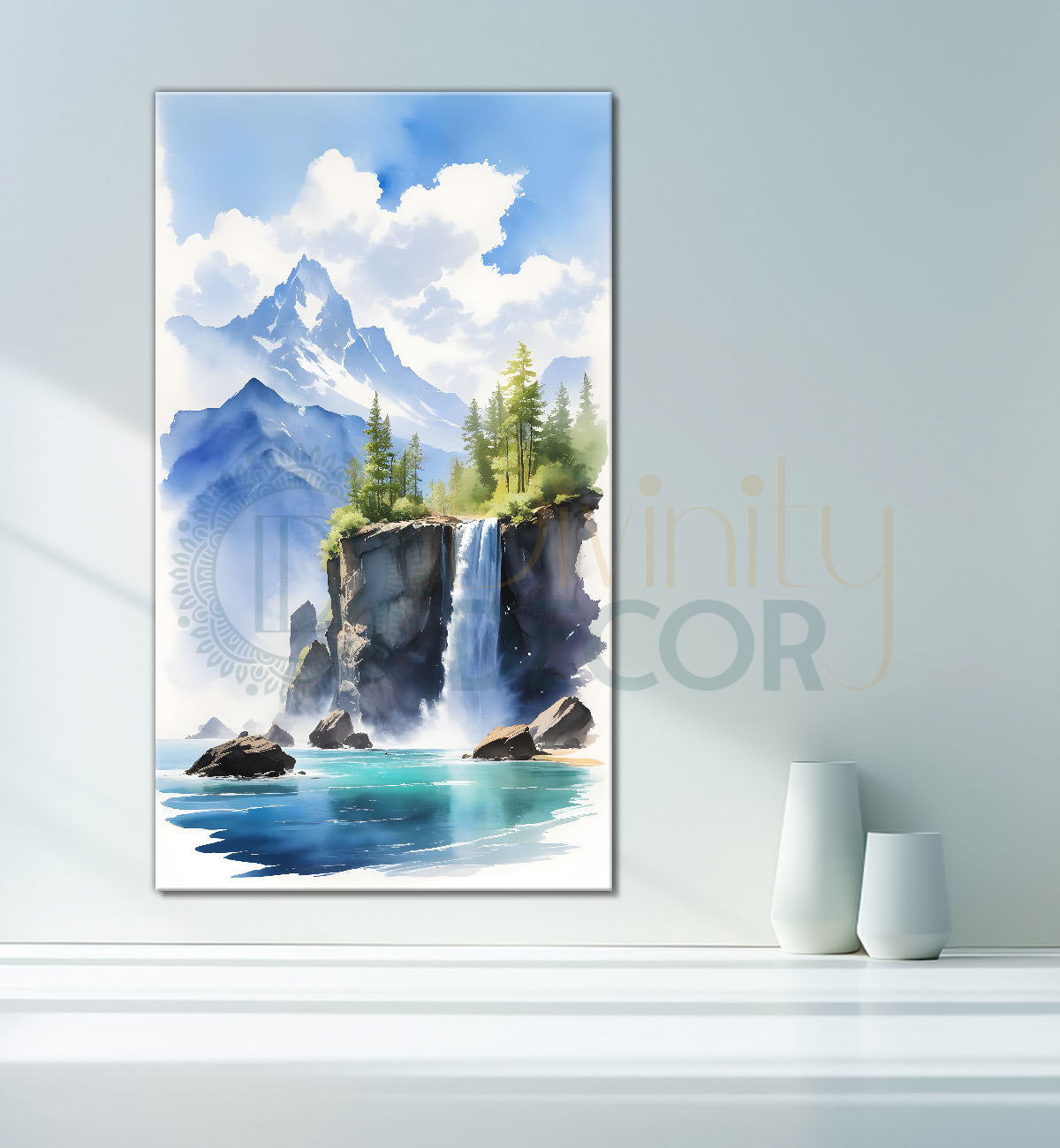 Waterfall with mountains and river with greenery in textured water colour painting Canvas Painting - Nature Art -V-91