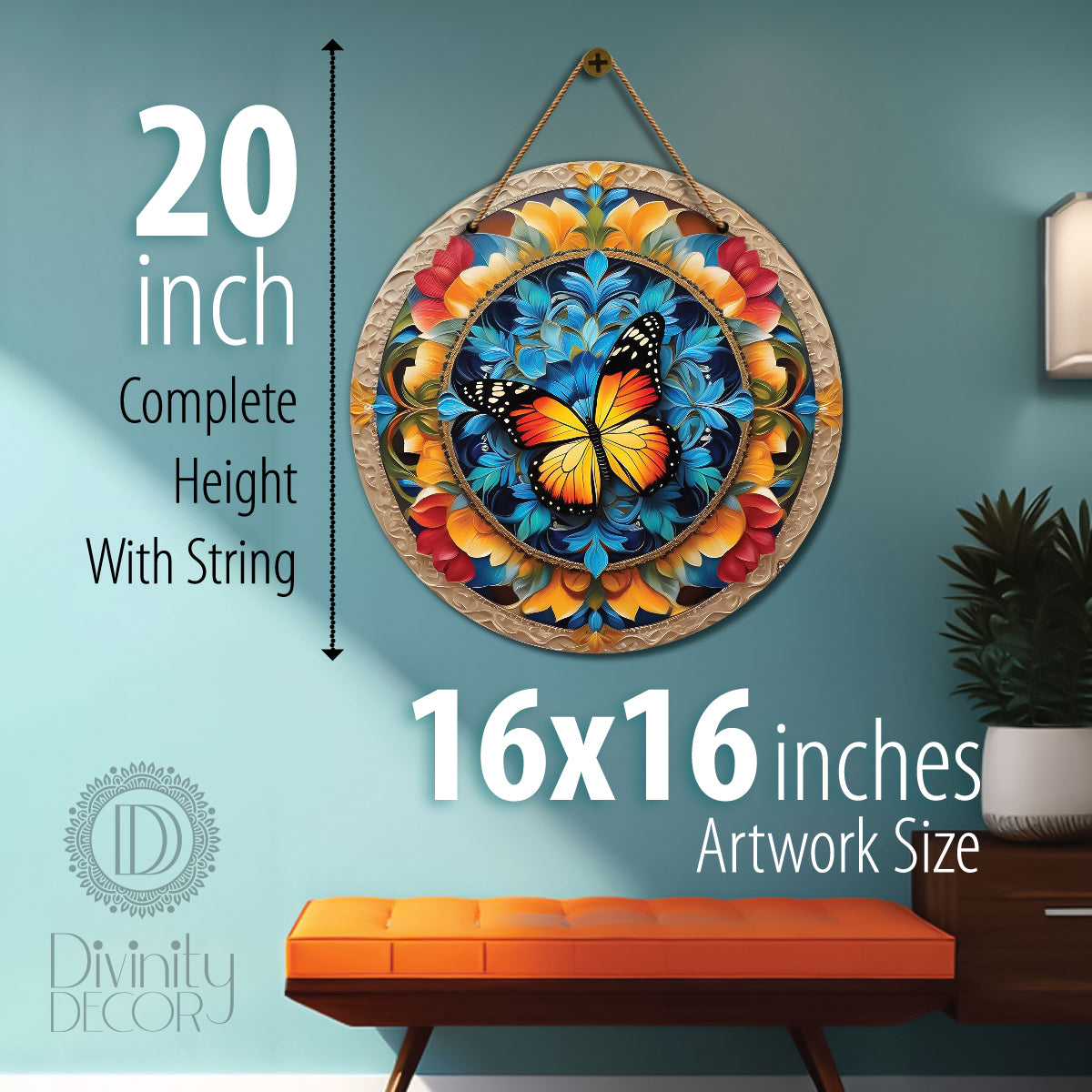 Yellow butterfly in blue and yellow mandala Round Wooden Wall Hanging for wall Décor - Design - 91