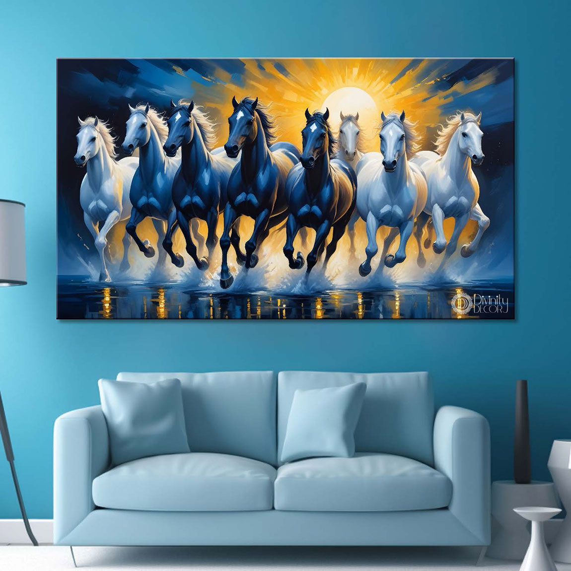 Blue and white running horses on the water with sun and dark blue textured background art Canvas Painting - Design - Horse-92