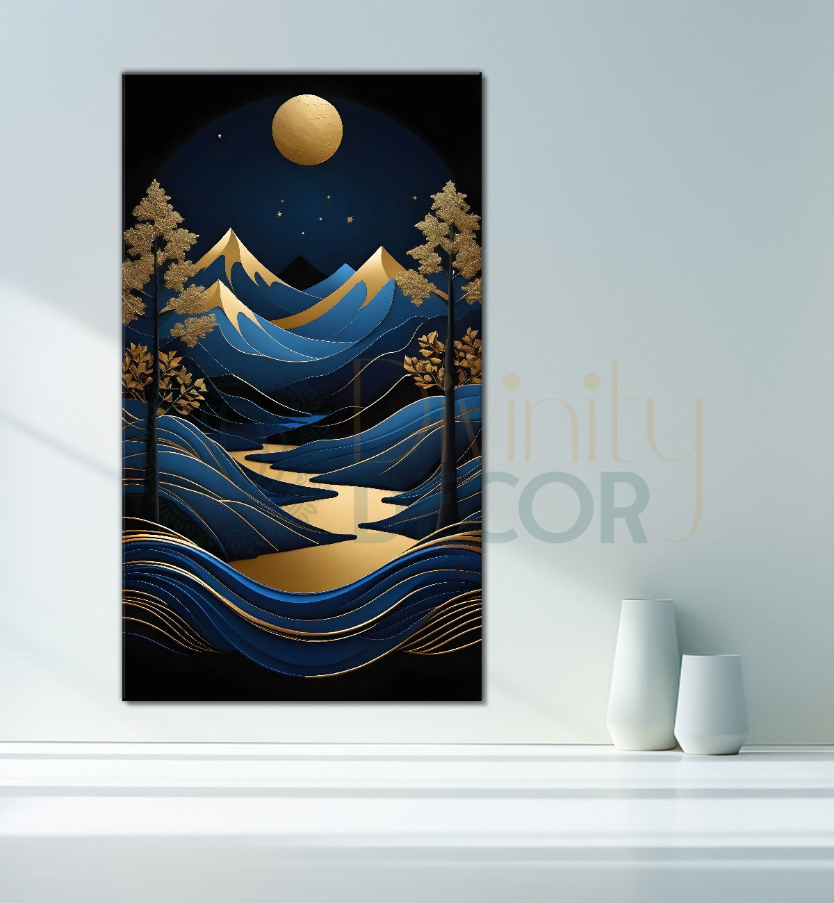 Blue mountains with golden moon and trees textured natural art Canvas Painting - Nature Art -V-92