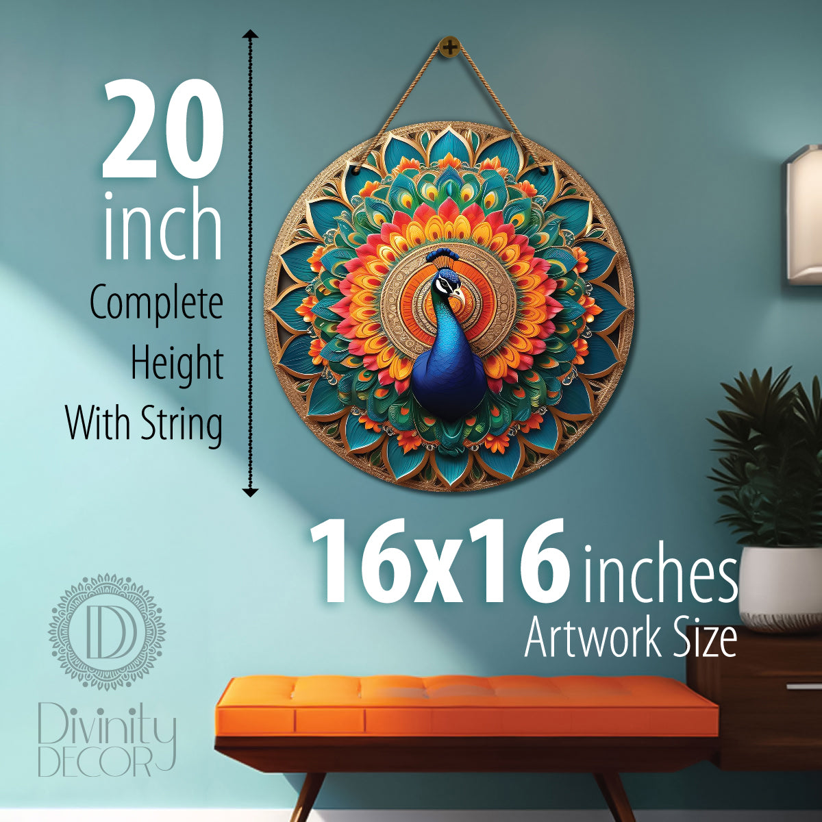 Peacock in orange and green mandala Round Wooden Wall Hanging for wall Décor - Design - 92