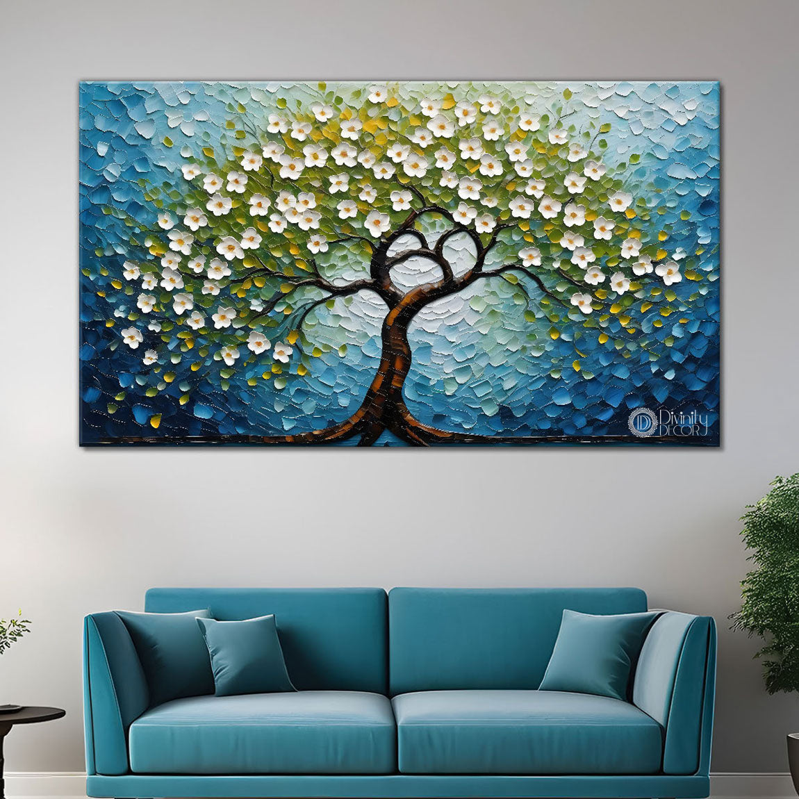 White flower tree in textured background oil painting Canvas Painting - Design - Tree-92