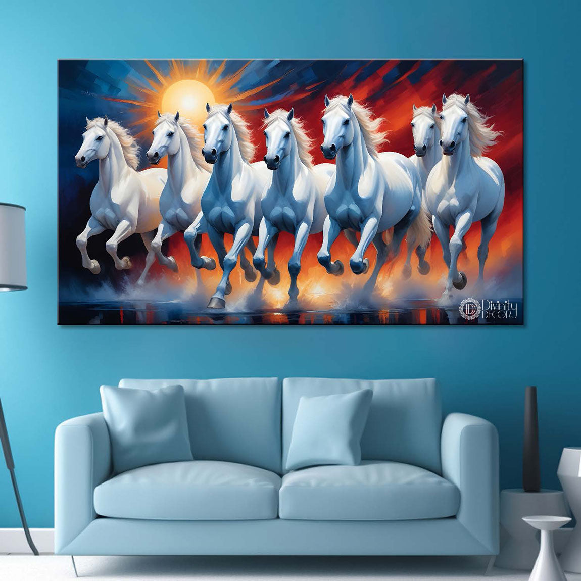 White running horses on the water with sun and red and blue textured background art Canvas Painting - Design - Horse-93