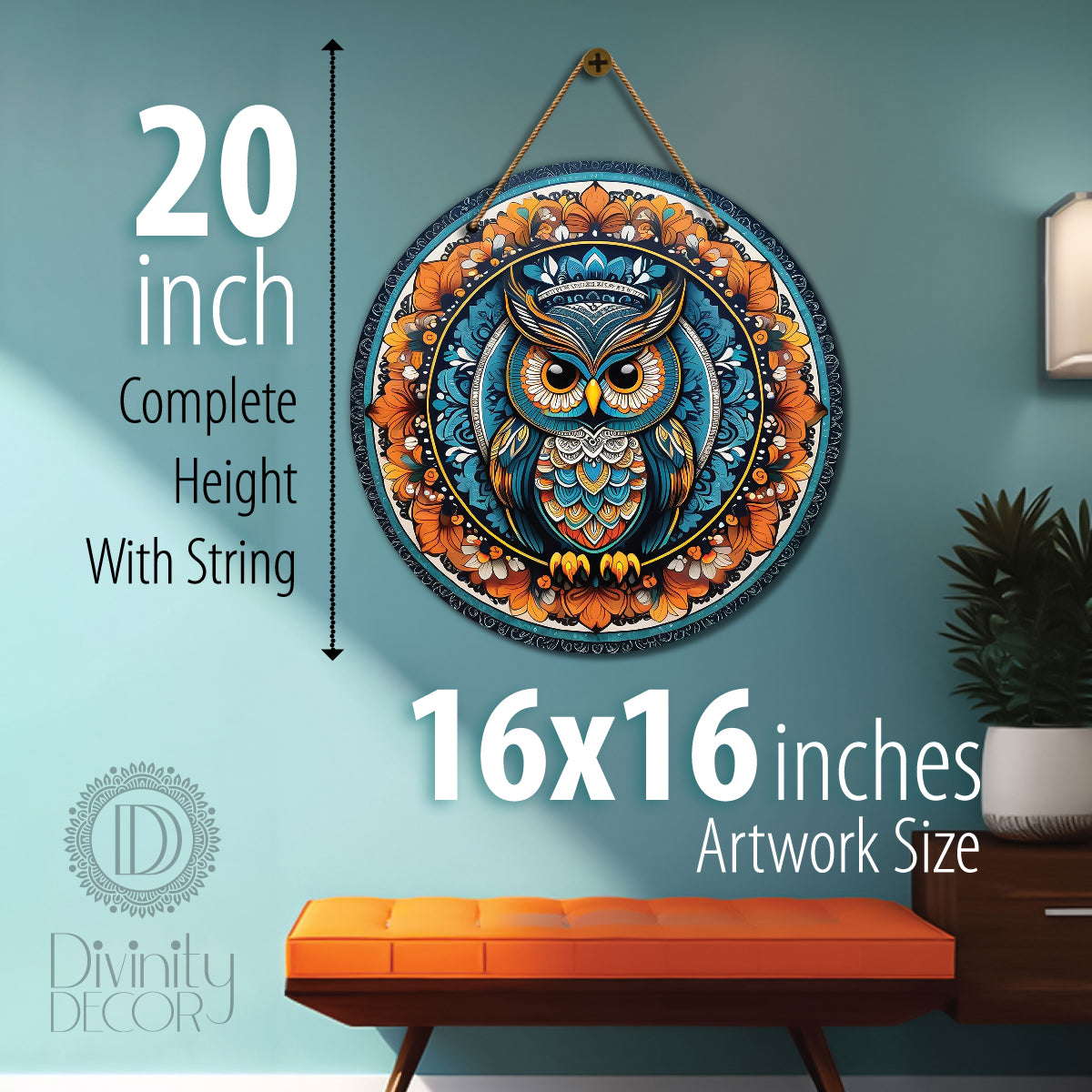 Owl in brown and blue mandala Round Wooden Wall Hanging for wall Décor - Design - 93