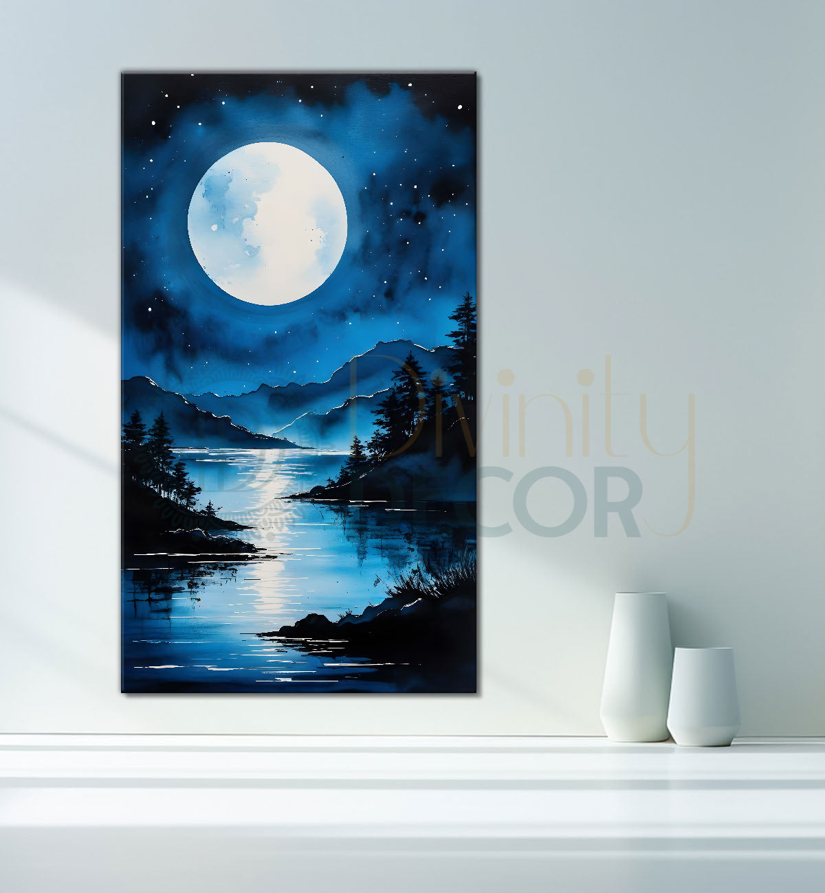 Lake with moon in dark textured painting Canvas Painting - Nature Art -V-93