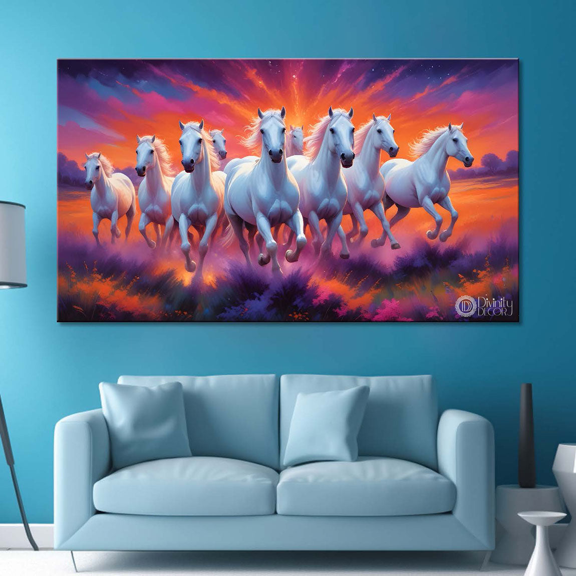 White running horses on the field with orange and purple textured background art Canvas Painting - Design - Horse-94