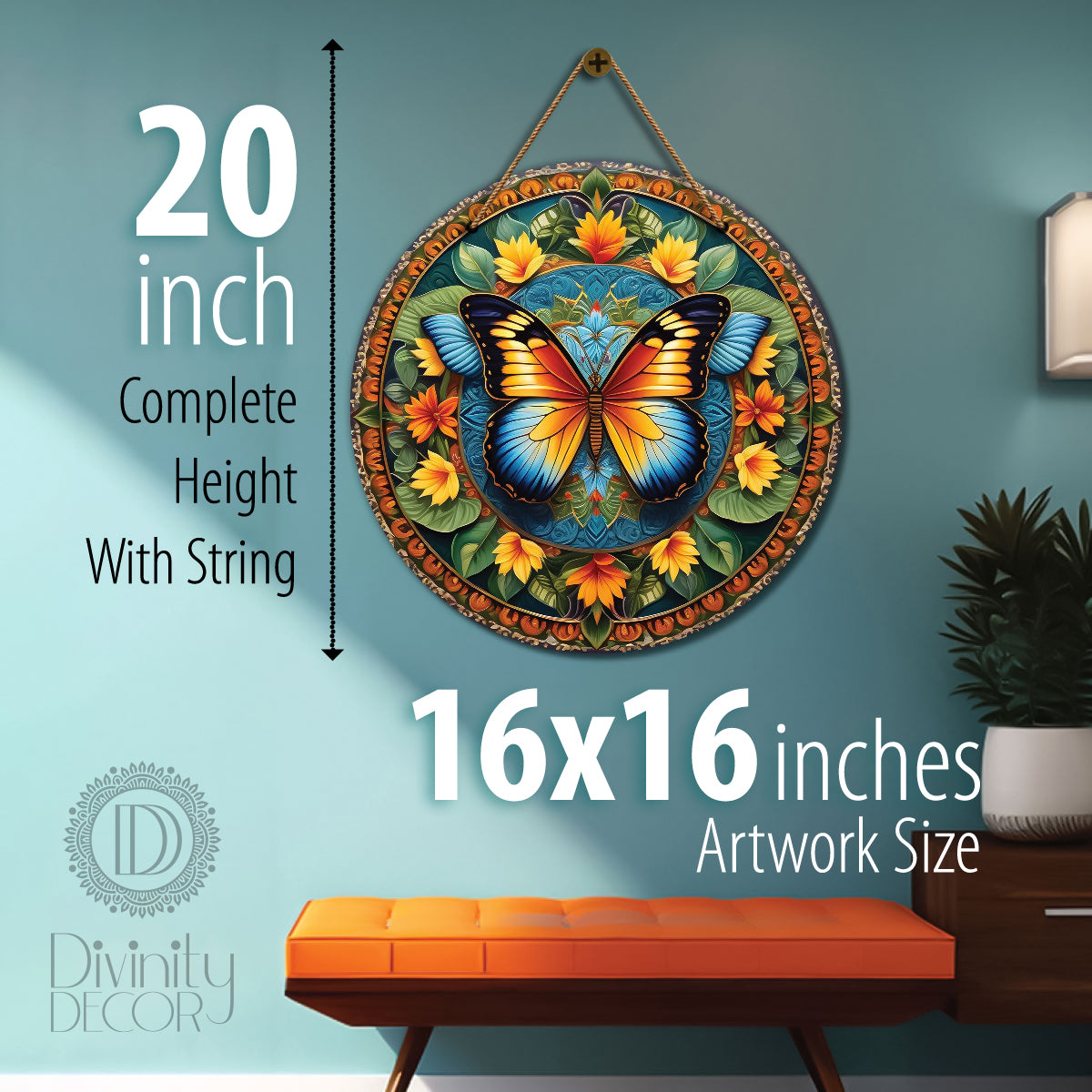 Butterfly in floral and green mandala Round Wooden Wall Hanging for wall Décor - Design - 94